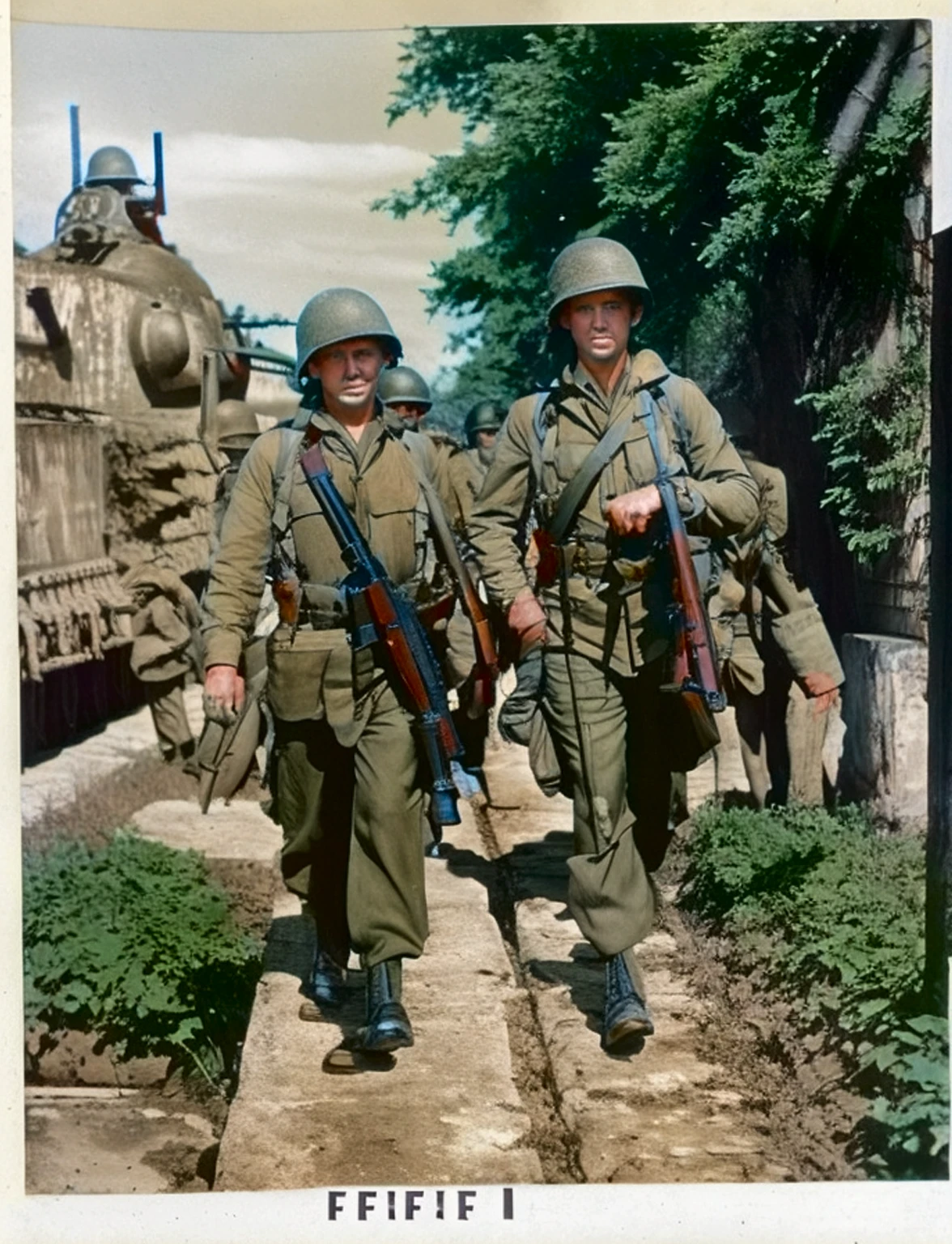soldiers walking down a path with their weapons in their hands, us soldiers, world war ii military style, ww2 photo, soldiers, korean war, old color photograph, ww2 historical photography, ww 2 historical photography, infantry, wwii, ww2 historical photo, a colorized photo, several soldiers, ww2 era photograph, colorized photograph, ww 2, ww2