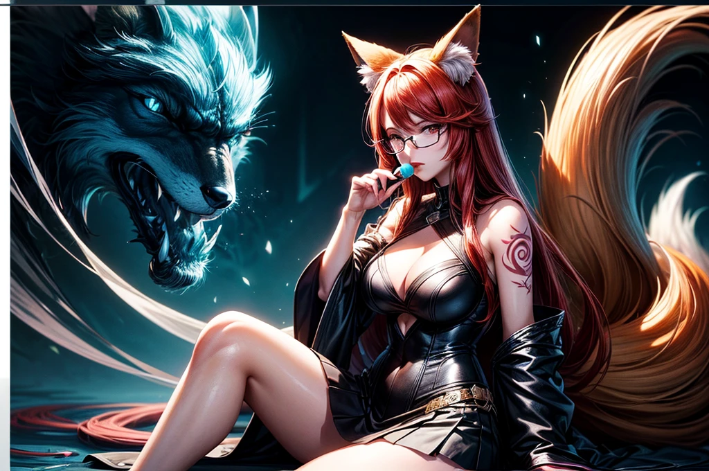 On the hood of expensive sport car in seductive pose sitting nine tailed fox women, she have red hair with black highlighther eyes are green, she have saxy make up and seductive face expression, on her fox ears lot of pierscing, she have blue batterfly tattoo on her shoulder, she dressed in topic and short skirt with long stokings and snikers, there's glasses on her face, she licking lolly pop that she hold in her hand, (ultra high quality fantasy art, dark fantasy style, masterpiece, ultra high quality character design, 8k quality anime art, realistic anime art, top quality wallpaper illustration, detailed ultra high quality accurate face, high quality design and accurate physic