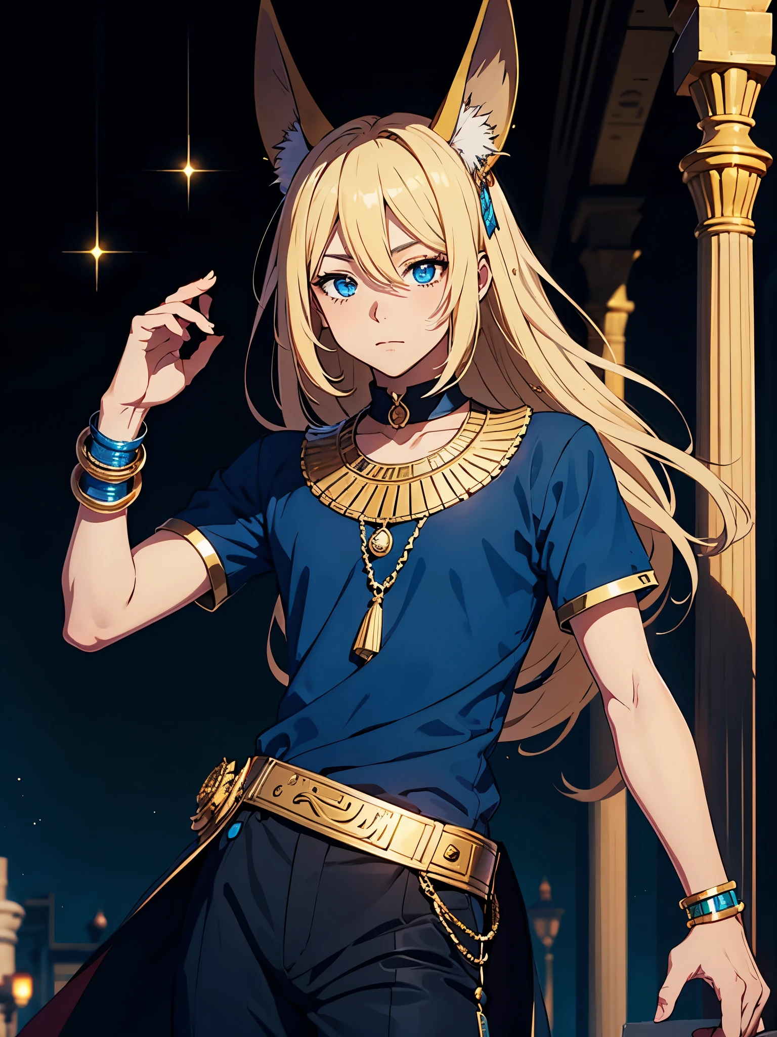 More anime style. cutie pie. アニメ! Teenage boy. Egyptian deity Anubis. Egyptian blue clothing. Blue clothes. long blond hair. Lots of gold jewelry. dark skin. Egyptian. dazzling blue eyes. mystical. divine.