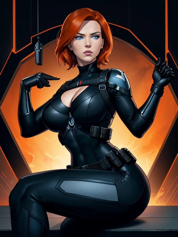 Christina Hendricks as Black Widow, ((Masterpiece)); ((Natural Beauty)); ((48 year old woman)); ((Ultrarealistic blue eyes)); ((Ultrarealistic fair white skin)); ((Ultrarealistic big boobs)); ((Ultrarealistic orange short hair)); ((Ultrarealistic widow bite black gloves)); ((Ultrarealistic black widow utility belt)); black and red tactical vest; Bright Red stripe accents on the side of the suit; Short sleeve; looking at the viewer; Engaged in strategic planning, Black Widow sits with poise and focus, her tight suit showcasing her athletic physique, including the firmness of her buttocks. With a sharp mind and keen intuition, she formulates plans with precision and efficiency.
