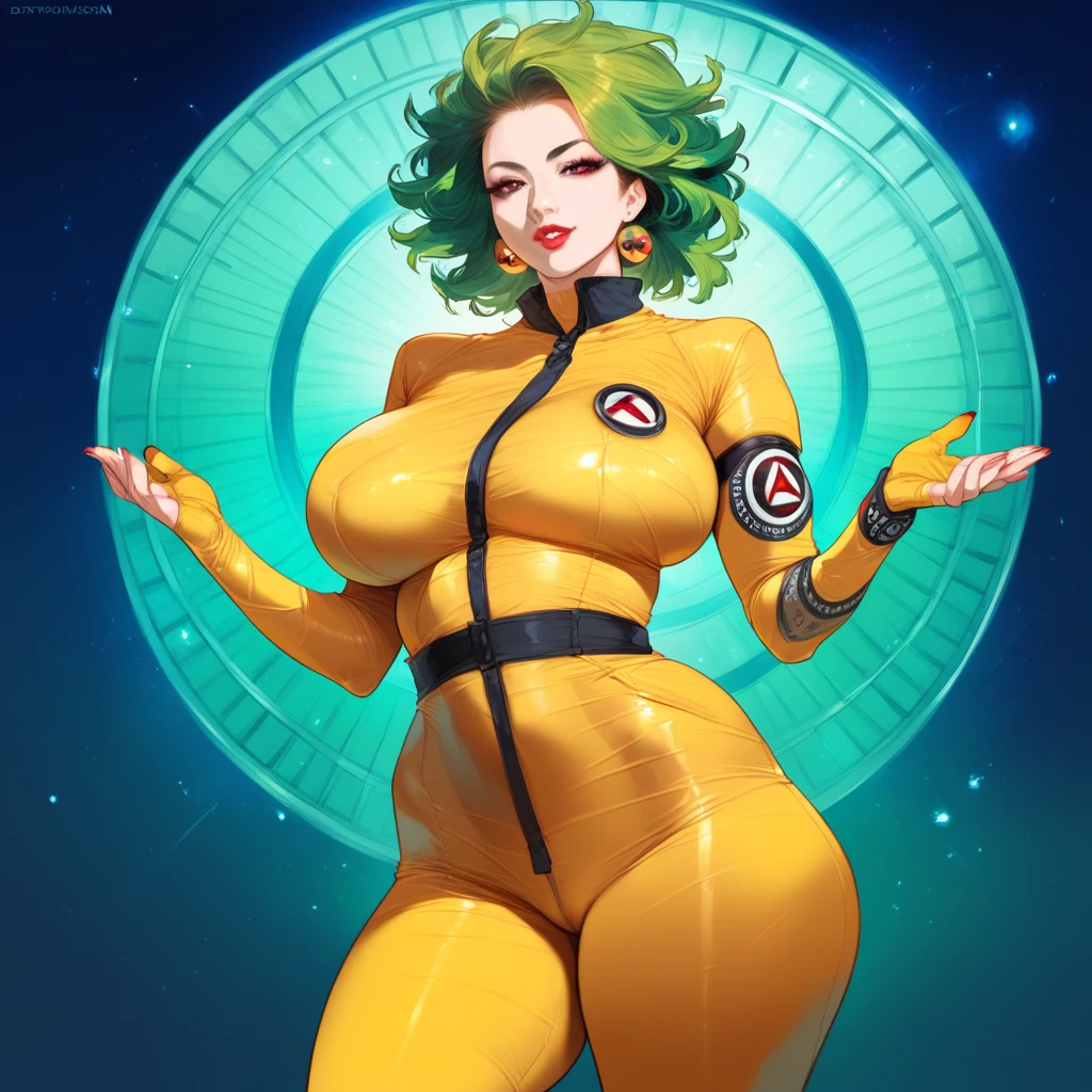 mixed_artwork style, 1girl, standing alone, hands, beautiful woman, Asian, thick, realistic, textures, 8K, perfect hand, perfect anatomy, visible curves, Breasts, Radiation hair, Radiation  lipstick, Toxic radiation outfit, Radiation and toxic skin, Toxic Queen, Body in good shape, monster girl, torn clothes