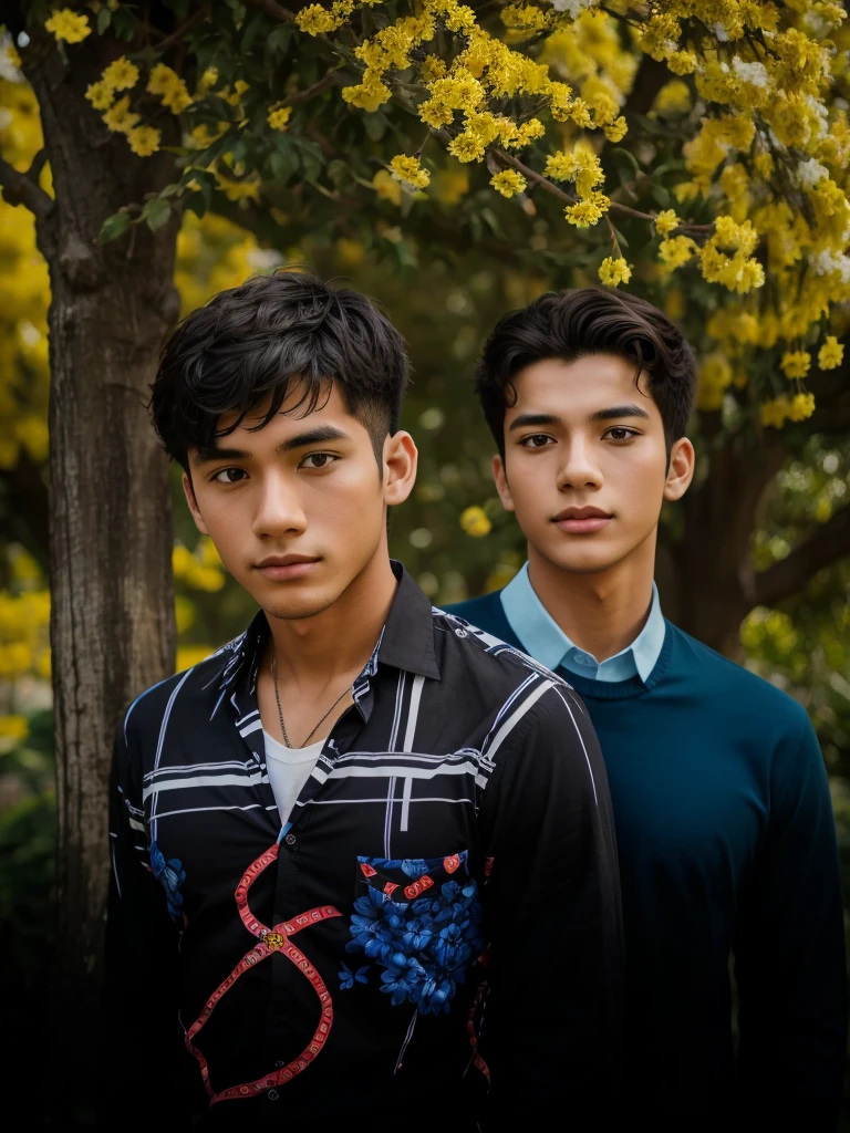 The image features two young men standing in front of a flowering tree, with one of them wearing a black and white striped shirt and the other in a blue and white striped shirt.