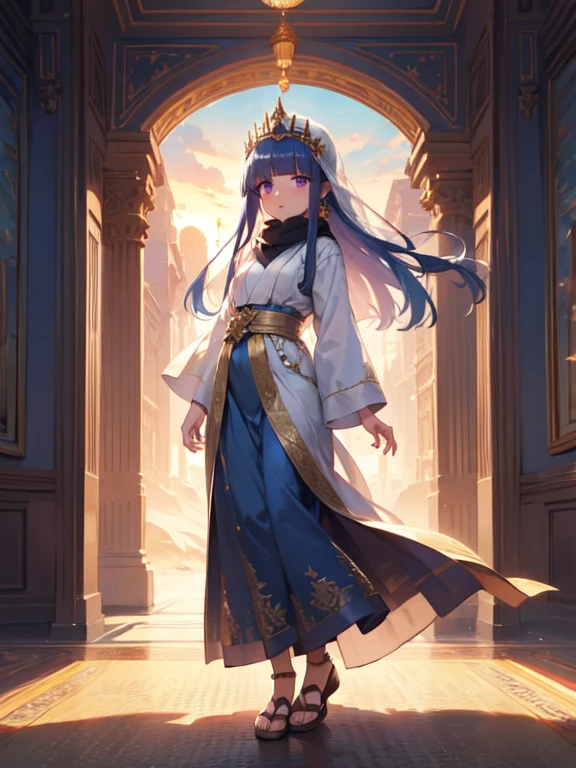 (masterpiece, Highest quality:1.1), (Desert Princess), furude rika,  Blue Hair, Purple eyes, Long Hair, blunt bangs, bangs, 12 years old, 1 Girl, alone, Gold embroidery, Kaftans,Turbaned, scarf, jewelry, Circlet, 額のjewelry, Elegant robes, satin, Veil, gem, tiara, Arabian Style, Desert Landscape, carpet, Hair blowing in the wind, Shining, Sunset, oasis, silk, Sparkling Eyes, Sand Dunes