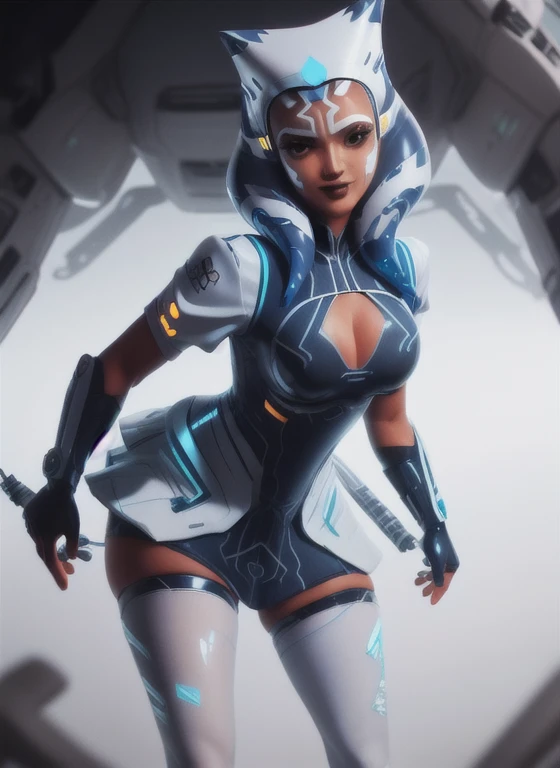 ((black skin:1.3)), (((ahsoka tano))), facial markings, standing, dynamic pose, medium breasts, detailed face and eyes, upper body, detailed background, highly detailed, best quality, high resolution, 4k, cinematic lighting, seductive smile, (scifi nurse:1.2), hospital surroundings, gloves, (modest white nurse outfit:1.3), thighhighs, red-cross hat TronFashion