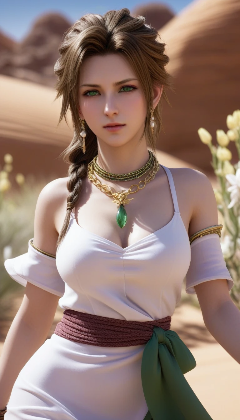 masterpiece, best quality, very aesthetic, absurdres, 1girl, _lady, in Desert ,1 Pretty girl，Tighten the body，clothes details，There are intricate gold threads on the clothes，pearls necklace,white skinned，looking at viewer， ,aerith_gainsborough, final_fantasy, final_fantasy_vii, final_fantasy_vii_rebirth, final_fantasy_vii_remake, 1girl, green_eyes, hair_ribbon, brown_hair, long_hair, braid, braided_ponytail, bangle, bracelet, breastesert, Desert Princess,surrounding by flowers,falling_petals, outdoors, petals,,,blur background,background defocus,