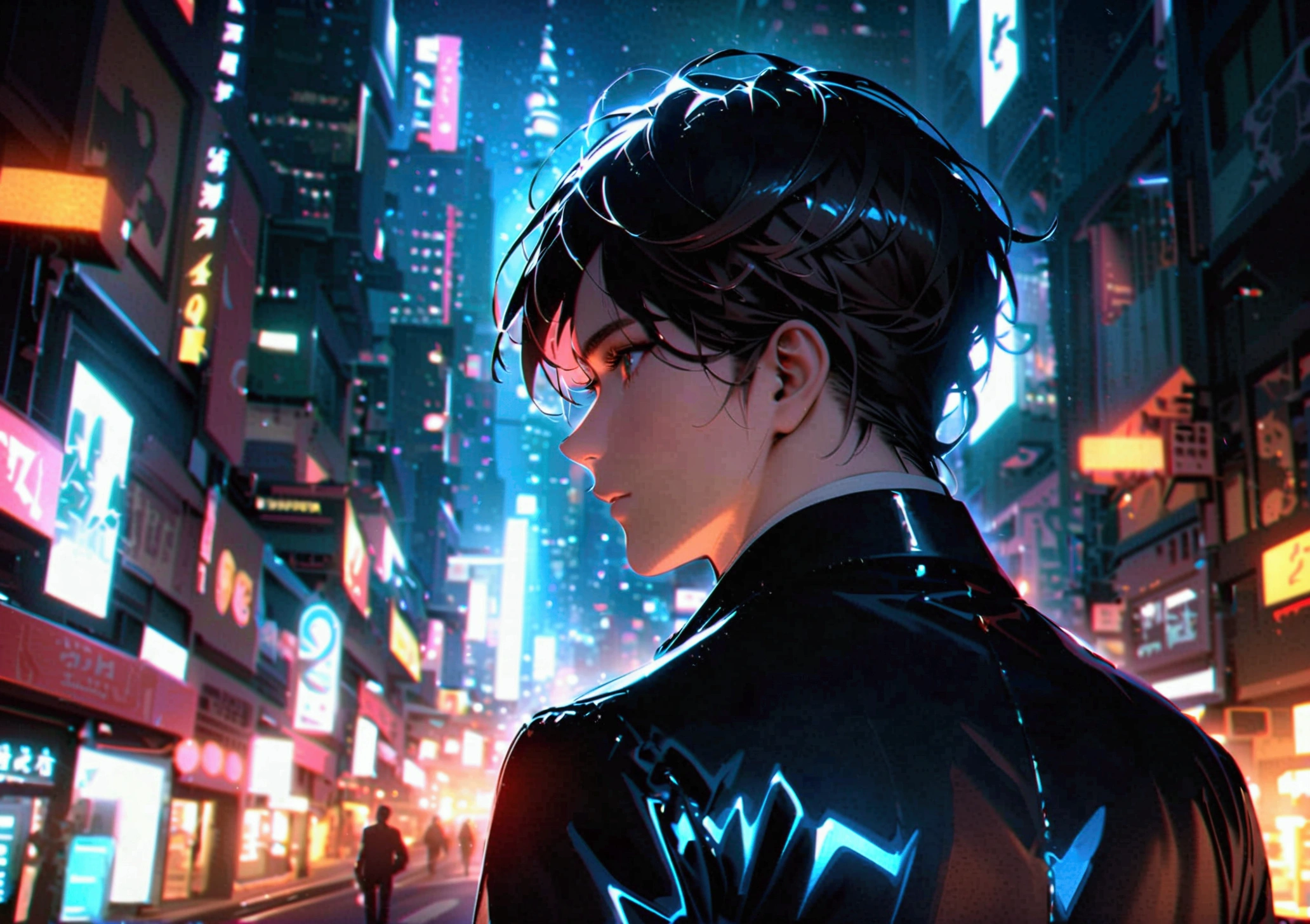 A dark-haired man in a black suit turns his back on the city at night.