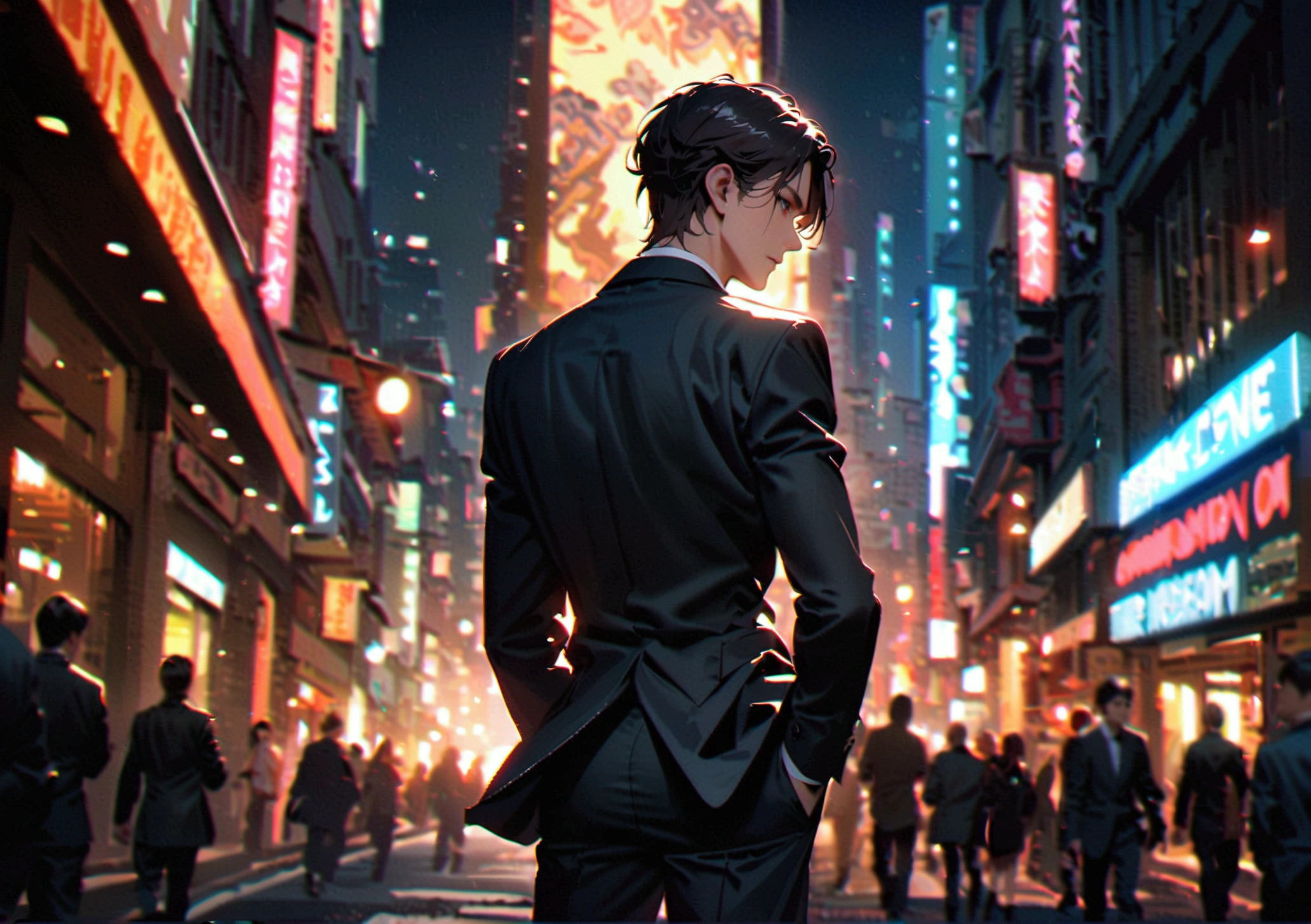 A dark-haired man in a black suit turns his back on the city at night.