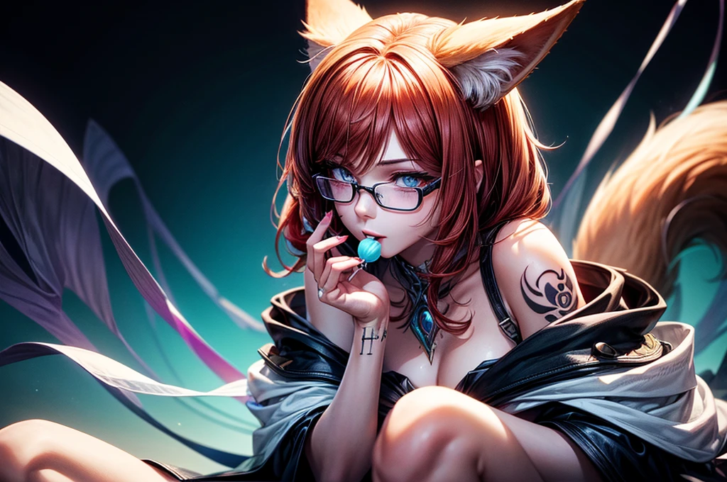 On the hood of expensive sport car in seductive pose sitting nine tailed fox women, she have red hair with black highlighther eyes are green, she have saxy make up and seductive face expression, on her fox ears lot of pierscing, she have blue batterfly tattoo on her shoulder, she dressed in topic and short skirt with long stokings and snikers, there's glasses on her face, she licking lolly pop that she hold in her hand, (ultra high quality fantasy art, dark fantasy style, masterpiece, ultra high quality character design, 8k quality anime art, realistic anime art, top quality wallpaper illustration, detailed ultra high quality accurate face, high quality design and accurate physic