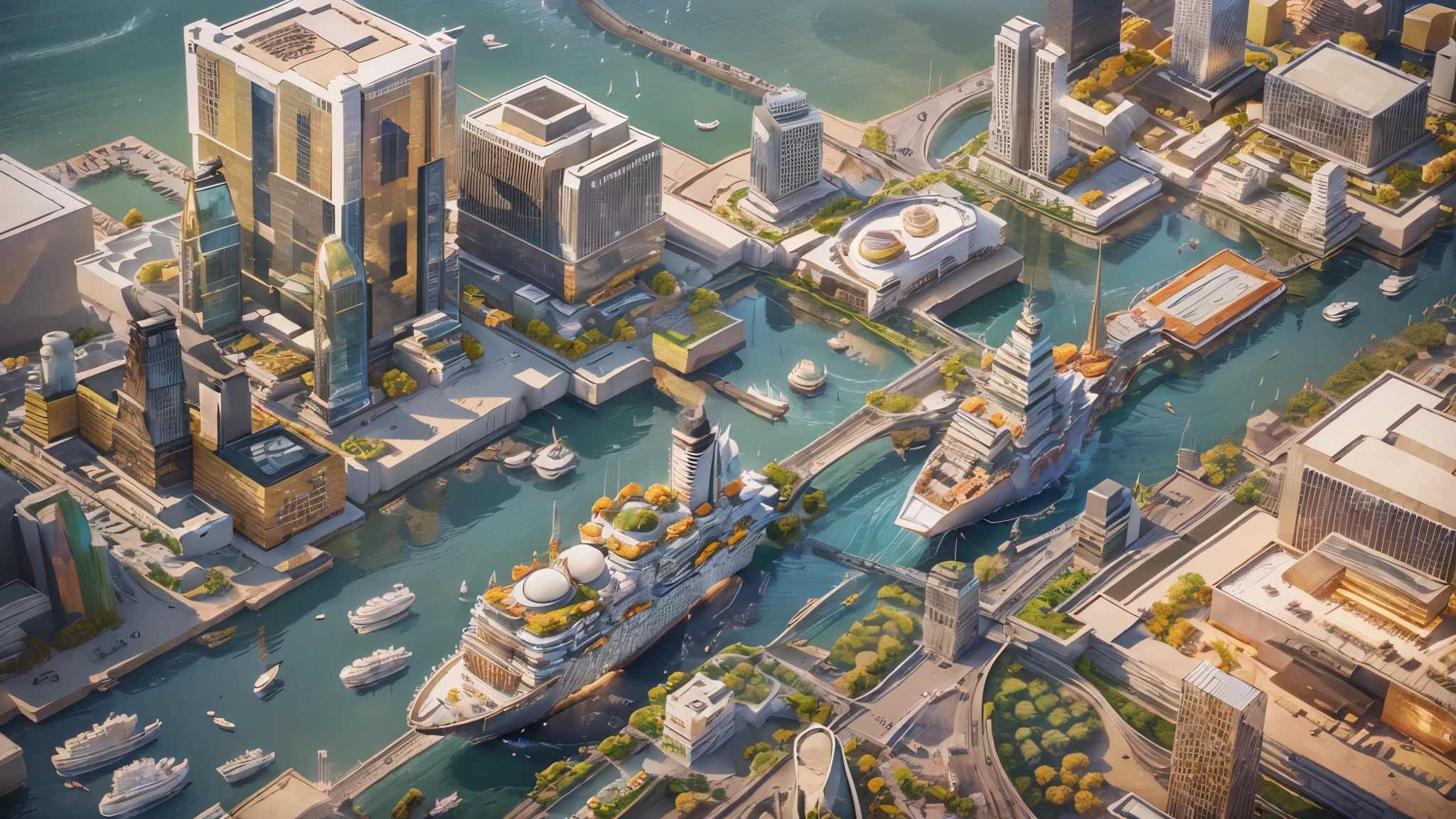 (Isometric Art:1.5)，(high quality，Masterpiece，Octane Rendering，Ray Tracing，Extremely detailed，3d，8K:1.5) ，Lego style，port，Cruise Ship，Beach，river，city