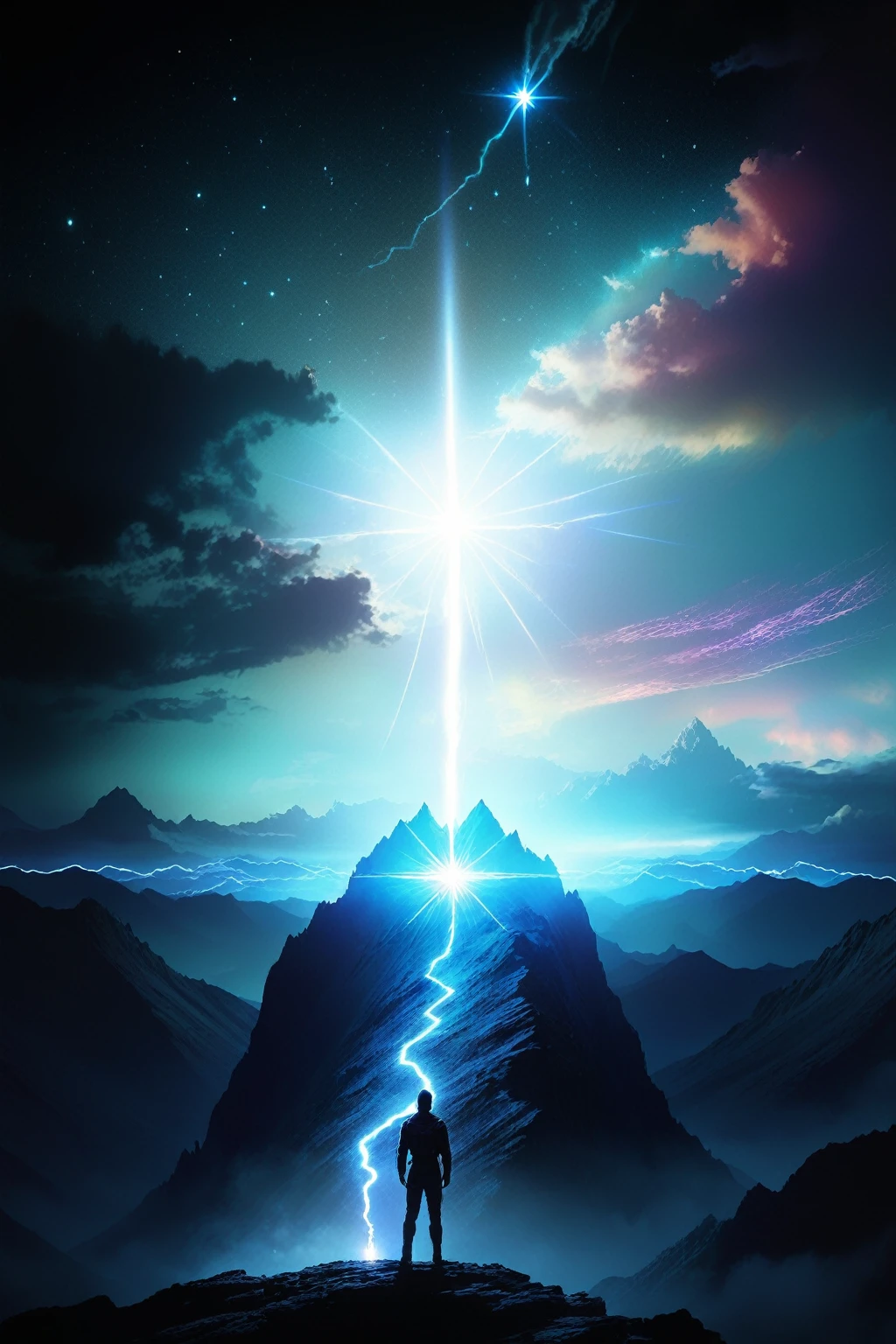 a man standing on a mountain with a star in the sky, astral travel, sci-fi digital art, cosmic enlightenment, artgem and beeple masterpiece, sci-fi digital art illustration, consciousness projection, digital visionary art, sci fi artwork, sci fi epic digital art, science fiction digital art, visionary art style, interdimensional lightning, astral projection