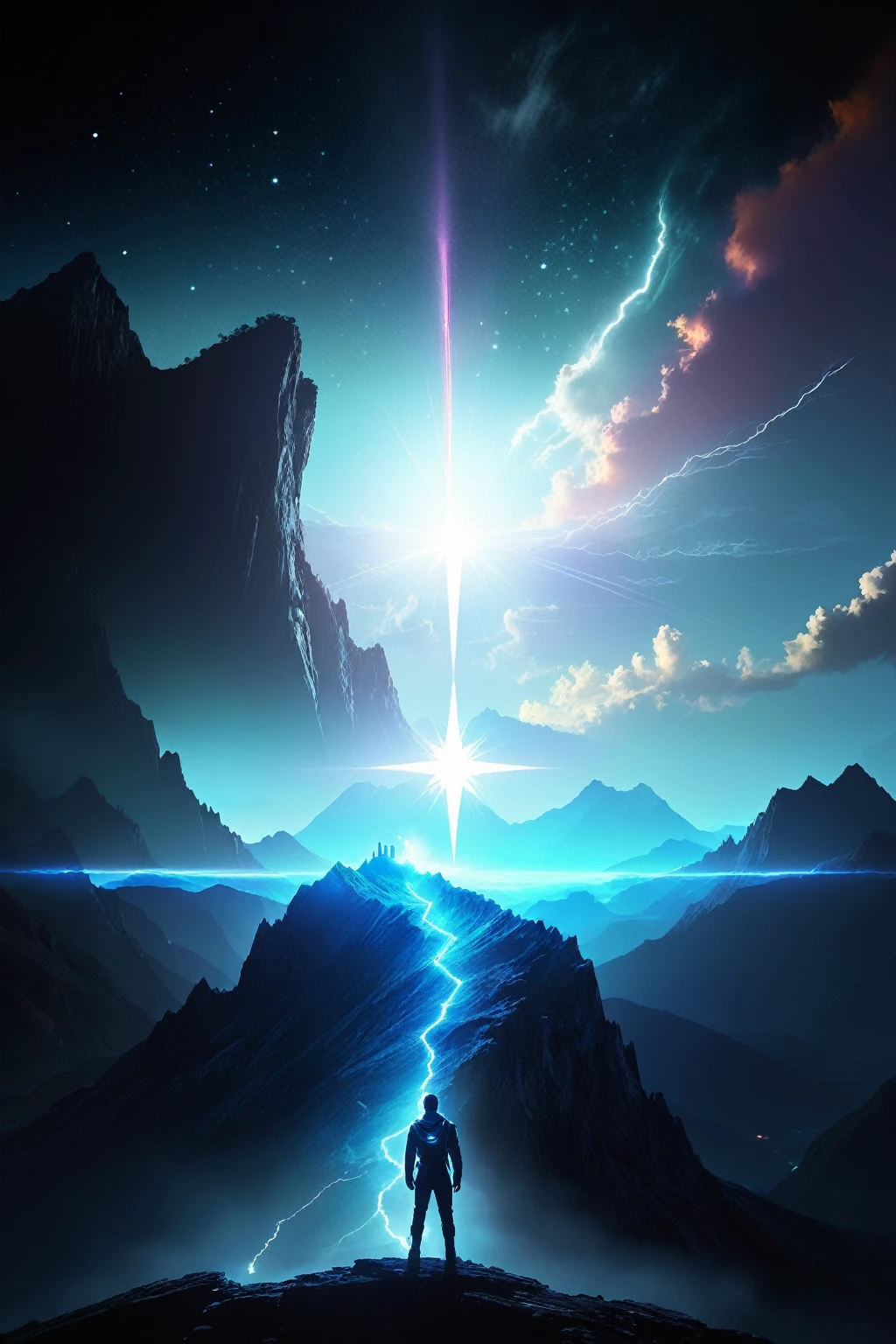 a man standing on a mountain with a star in the sky, astral travel, sci-fi digital art, cosmic enlightenment, artgem and beeple masterpiece, sci-fi digital art illustration, consciousness projection, digital visionary art, sci fi artwork, sci fi epic digital art, science fiction digital art, visionary art style, interdimensional lightning, astral projection