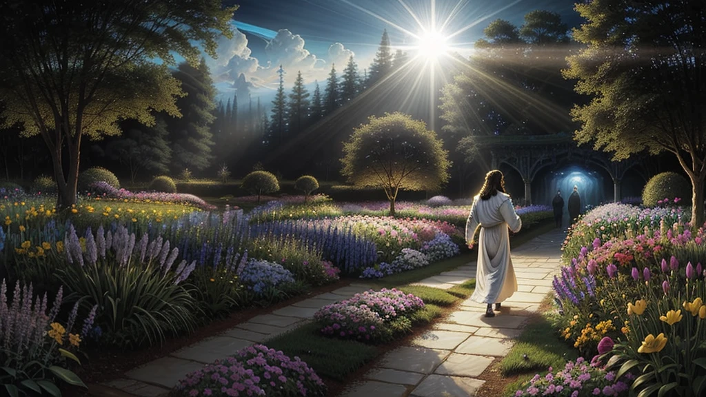 Jesus walking through a garden of flowers with a bright light shining through the sky, flourishing path to heaven, greg olsen, holy holy rays of light, holy rays of spiritual light, inspired by Christophe Vacher, heavenly light, radiant halo of light, heavenly lighting, Jon Mcnaughton, background art, majestic light, by Christophe Vacher, glowing god rays