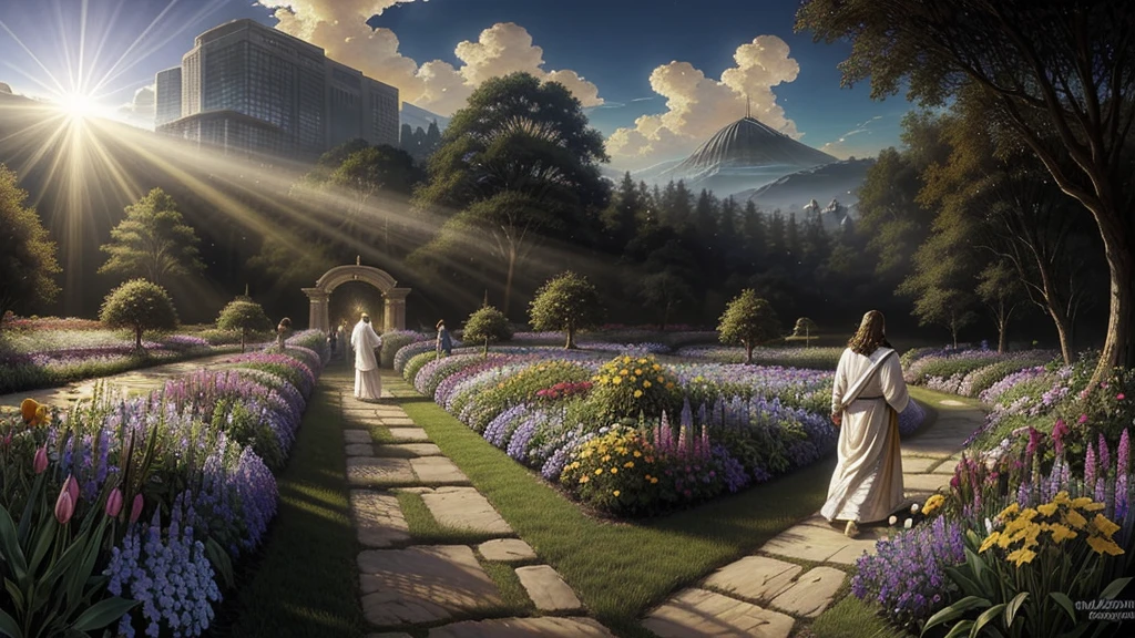 Jesus walking through a garden of flowers with a bright light shining through the sky, flourishing path to heaven, greg olsen, holy holy rays of light, holy rays of spiritual light, inspired by Christophe Vacher, heavenly light, radiant halo of light, heavenly lighting, Jon Mcnaughton, background art, majestic light, by Christophe Vacher, glowing god rays