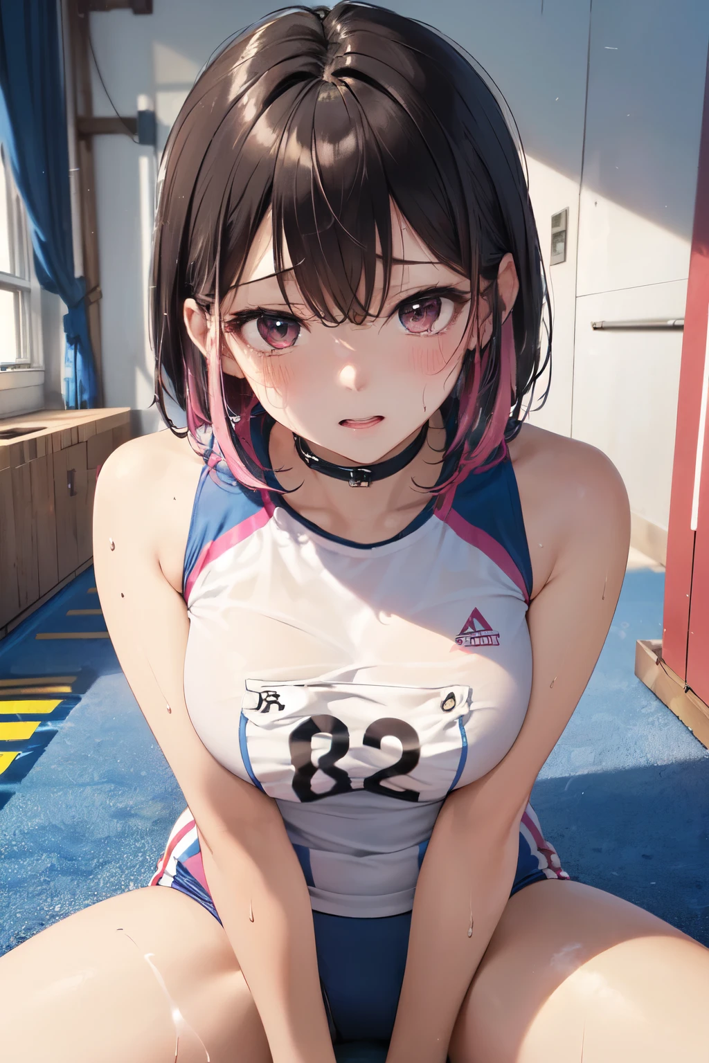 very cute and beautiful girl,(Very detailed美しい顔), (((Close-up shot of face、Open your mouth very wide、Sweating all over、Sweaty、Looking up、、Excited、Fascinating、orgasm、shortness of breath、Very humid、vapor))),blush,Black Hair,Seraphim,((short hair、Black Hair、Pink hair on the inside、Gal、Small breasts)),((Track & field athletes' uniforms)),((Reaching for the camera、Spread your legs、High angle、Dynamic Angle、Hands on the local area)), ((Small storage room in gymnasium、Dim lighting、vapor、Sigh、The expression of the limit)), (Highest quality,masterpiece:1.0),Absurd,High resolution,Super detailed,Very detailed,32k,8K resolution, Intricate details,Movie Scenes,Detailed Background,alone,Dynamic Angle,