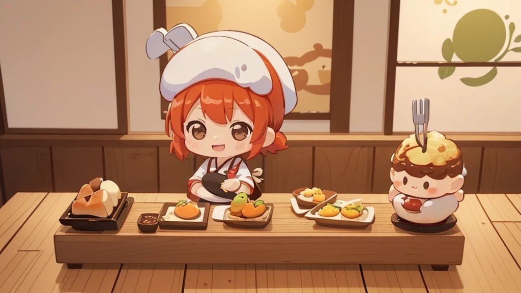 (((masutepiece))), Best Quality, Extremely detailed, (Chef Costume:1.2), (Chef's Hat), (((girl)), (((Solo))), Happy, ((Half body)), Ahoge, (((Deformed))), (((Chibi Character))), ((( Restaurant))), ((Front of restaurant)) , ((crossed arms))), (((cooking)), ((many food)), (( food on table)), (((overview)))