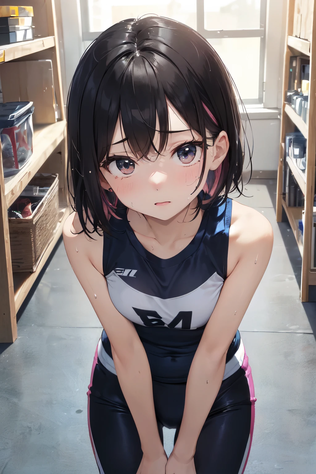 very cute and beautiful girl,(Very detailed美しい顔), (((Close-up shot of face、Open your mouth very wide、Sweating all over、Sweaty、Looking up、、Excited、Fascinating、orgasm、shortness of breath、Very humid、vapor))),blush,Black Hair,Seraphim,((short hair、Black Hair、Pink hair on the inside、Gal、Small breasts)),((Track & field athletes' uniforms)),((Reaching for the camera、Spread your legs、High angle、Dynamic Angle、Hands on the local area)), ((Small storage room in gymnasium、Dim lighting、vapor、Sigh、The expression of the limit)), (Highest quality,masterpiece:1.0),Absurd,High resolution,Super detailed,Very detailed,32k,8K resolution, Intricate details,Movie Scenes,Detailed Background,alone,Dynamic Angle,