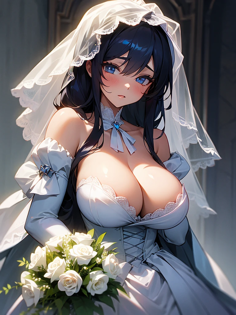 Girl with huge sagging breasts with a sweetheart neckline and a lace neckline ,bridal veil and bouquet