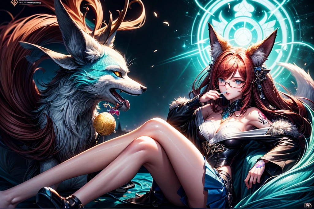 On the hood of expensive sport car in seductive pose sitting nine tailed fox women, she have red hair with black highlighther eyes are green, she have saxy make up and seductive face expression, on her fox ears lot of pierscing, she have blue batterfly tattoo on her shoulder, she dressed in topic and short skirt with long stokings and snikers, there's glasses on her face, she licking lolly pop that she hold in her hand, (ultra high quality fantasy art, dark fantasy style, masterpiece, ultra high quality character design, 8k quality anime art, realistic anime art, top quality wallpaper illustration, detailed ultra high quality accurate face, high quality design and accurate physic