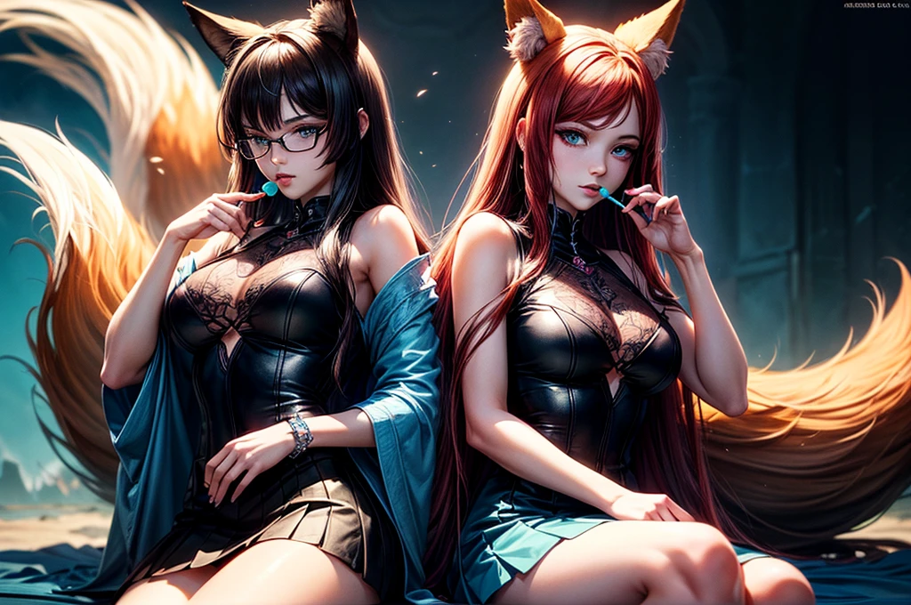 On the hood of expensive sport car in seductive pose sitting nine tailed fox women, she have red hair with black highlighther eyes are green, she have saxy make up and seductive face expression, on her fox ears lot of pierscing, she have blue batterfly tattoo on her shoulder, she dressed in topic and short skirt with long stokings and snikers, there's glasses on her face, she licking lolly pop that she hold in her hand, (ultra high quality fantasy art, dark fantasy style, masterpiece, ultra high quality character design, 8k quality anime art, realistic anime art, top quality wallpaper illustration, detailed ultra high quality accurate face, high quality design and accurate physic