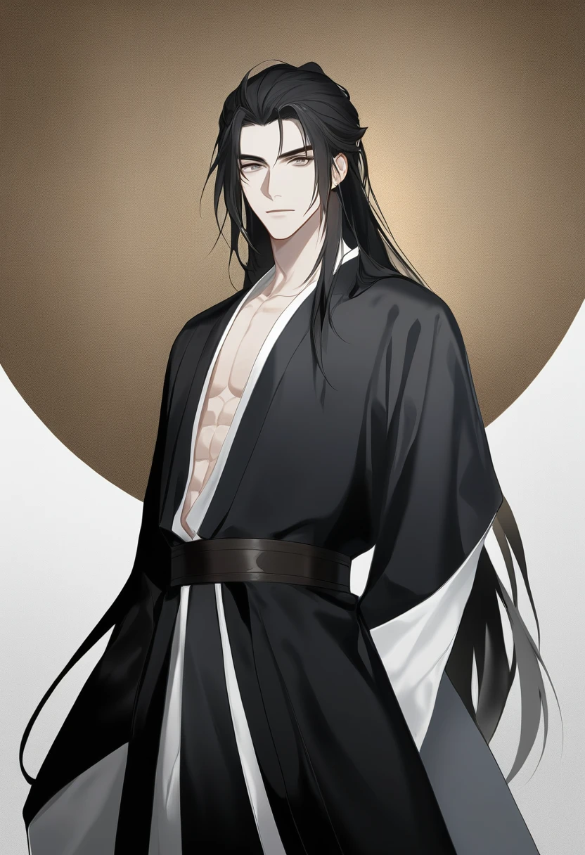 (masterpiece, best quality:1.2), 1male, solo, wei wuxian, mo dao zu shi, mdzs, black clothes, grey eyes, long black hair, perfect anatomy