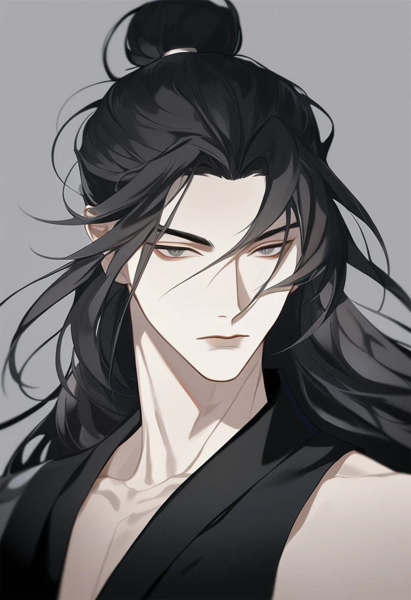 (masterpiece, best quality:1.2), 1male, solo, wei wuxian, mo dao zu shi, mdzs, black clothes, grey eyes, long black hair, perfect anatomy