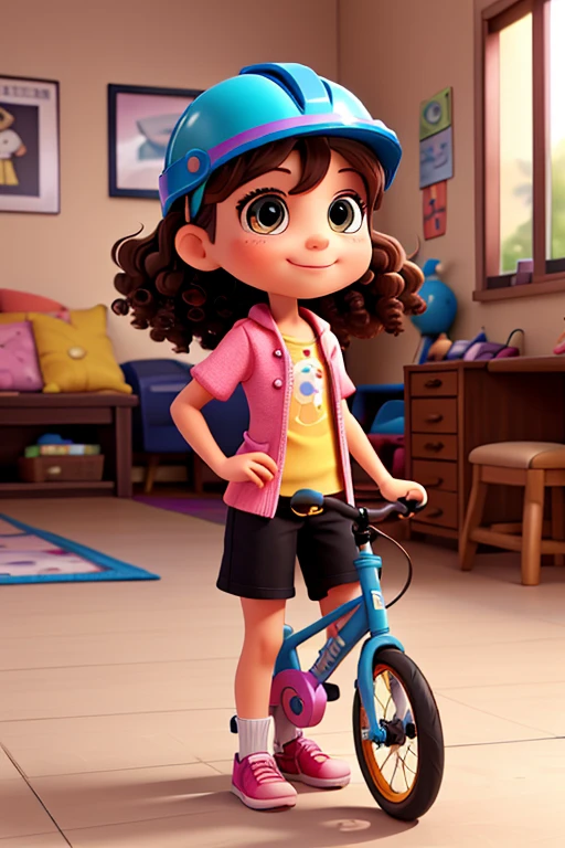 A seven year old, full of energy and curiosity. She has curly brown hair that falls over her shoulders., and your brown eyes, always attentive and full of life. She is of average height for her age and prefers to wear colorful and fun clothes., reflecting your cheerful personality, She is wearing a helmet and holding a bicycle