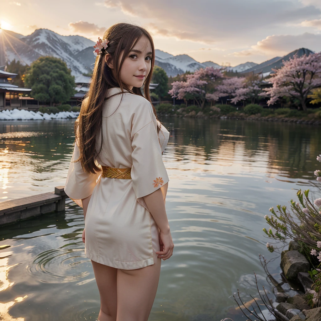 asuna, masterpiece, best quality, detailed, (1girl), solo, detailed golden eyes, long hair, standing, close to viewer, (detailed kimono), light smile, medium breasts, (arms behind back), water, sunset, (hair ornament), (Sakura bloom), snow mountain lake in the background