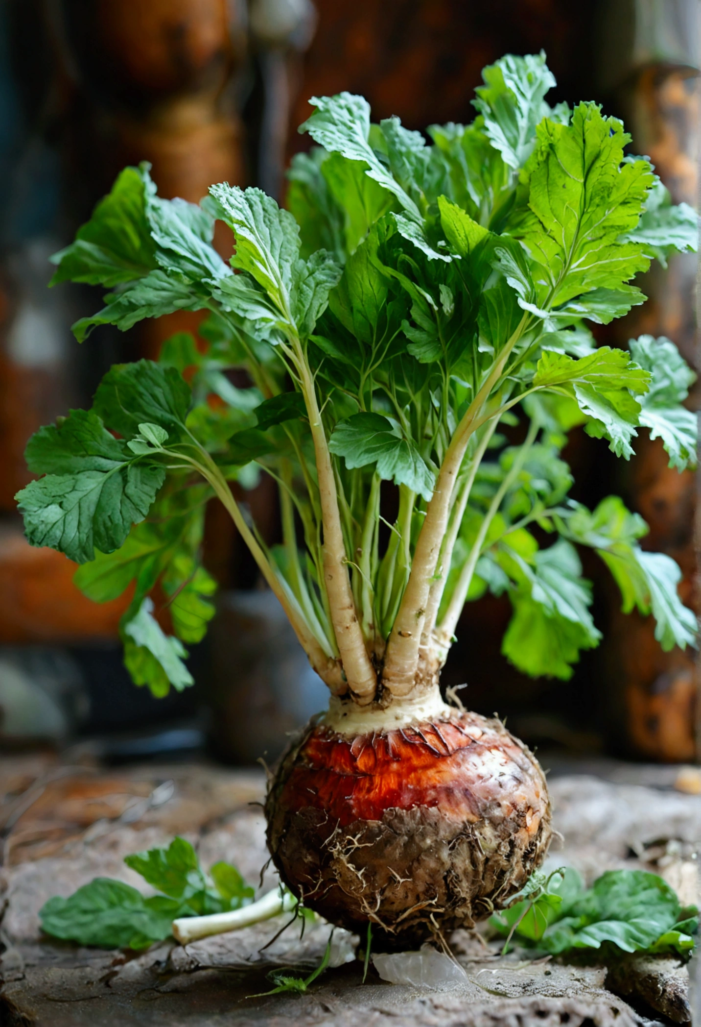 Close-up of a fresh horseradish root with its green leaves, detailed and realistic.