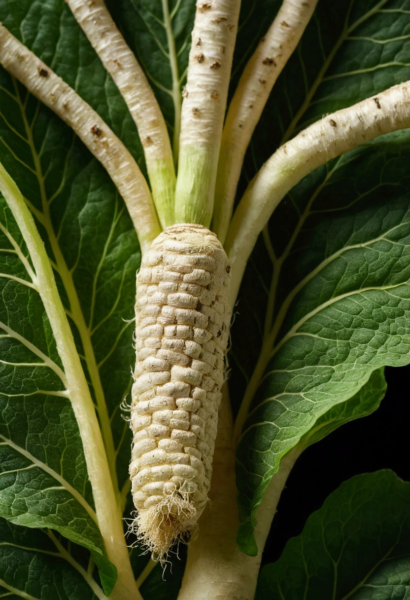 Close-up of a fresh horseradish root with its green leaves, detailed and realistic.