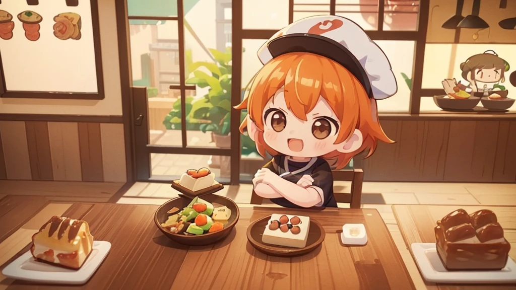 (((masutepiece))), Best Quality, Extremely detailed, (Chef Costume:1.2), (Chef's Hat), (((girl)), (((Solo))), Happy, ((Half body)), Ahoge, (((Deformed))), (((Chibi Character))), ((( Restaurant))), ((Front of restaurant)) , ((crossed arms))), (((cooking)), ((many food)), (( food on table)), (((overview))), (((Perspective)))