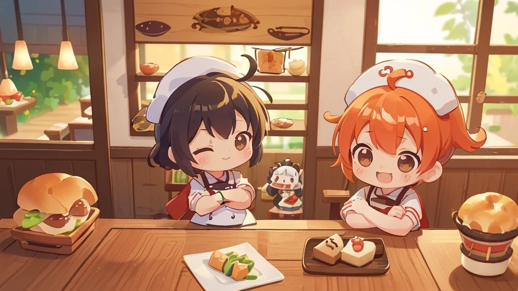 (((masutepiece))), Best Quality, Extremely detailed, (Chef Costume:1.2), (Chef's Hat), (((girl)), (((Solo))), Happy, ((Half body)), Ahoge, (((Deformed))), (((Chibi Character))), ((( Restaurant))), ((Front of restaurant)) , ((crossed arms))), (((cooking)), ((many food)), (( food on table)), (((overview))), (((Perspective)))