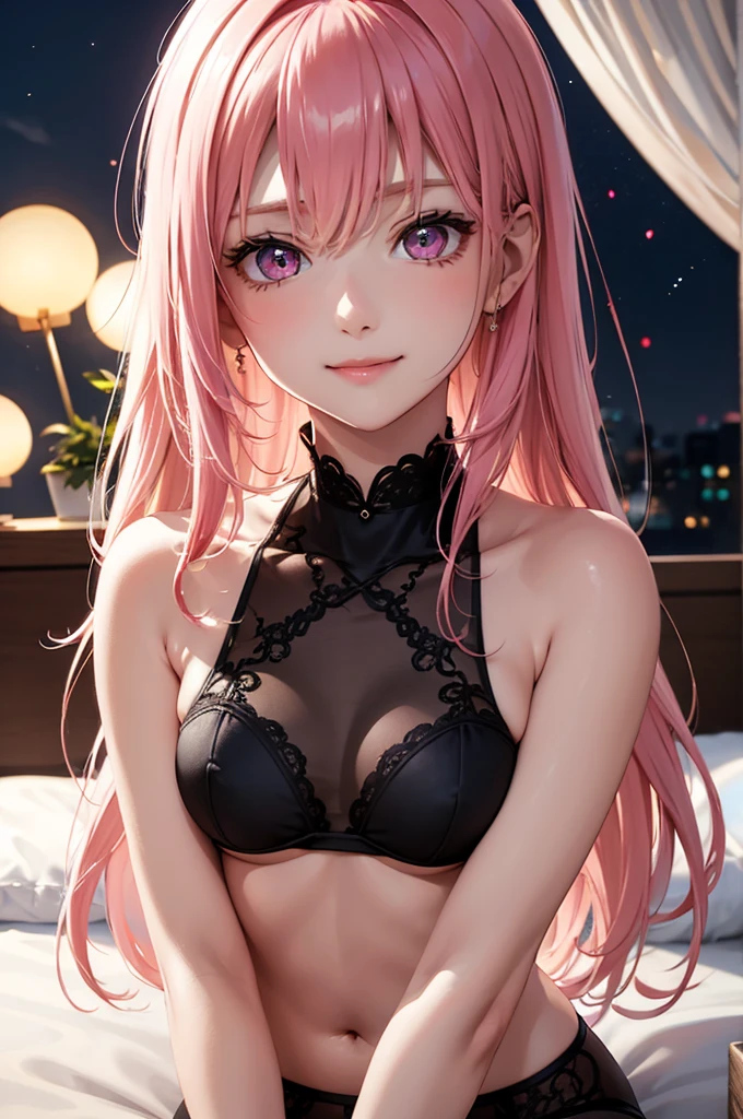 Best Quality,High resolution,8K,finelity detailed background,Masterpiece:1.2),beautiful girl,Shiny pink hair,asymmetrical hair,Pink eyes,Gentle look,A refreshing look,smile,Best quality,Best Quality,Aesthetic and aesthetic:1.2,Best details((Super detailed))(High-definition CG illustrations),Upper Body,Dark grey underwear,Slender body,night,moon,Bedroom,On the bed,smile,blush,cute,Scrounge,Looking up,Being spoiled,super model,wariza,shoot from,below