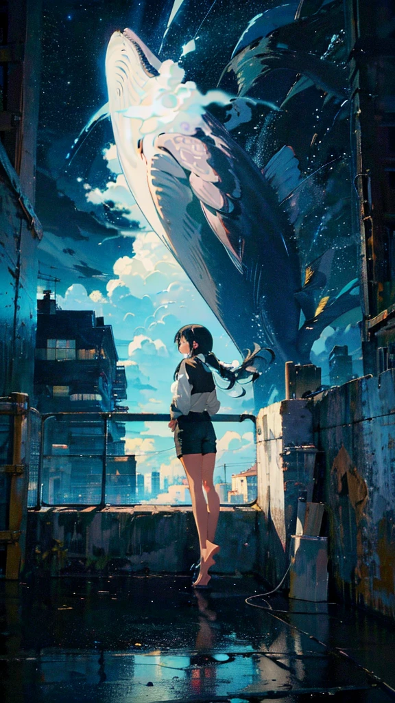 masterpiece, Exquisite detail,Highest quality, One girl, alone, handrail, cloud, Looking up at the buildings,Long Hair, NULL, Long sleeve, Power lines, White footwear, Black Hair, View your viewers, Electric pole, bangs, cloudy NULL, fish, bird, Green Eyes, Shorts, Day, Black Shirt, barefoot,Whale flying in the sky,Giant whale,night,star,milky way,night,Pitch black,Buildings,Sitting, High quality anime art style,Standing painting,Splash ink background,Blue Themes