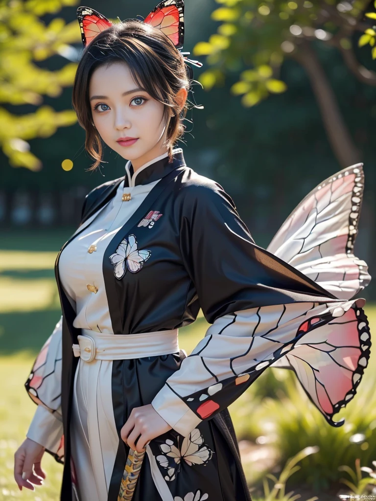 Tolerate, Demon slayer, Shinobu Kocho, anime, 22 years old, ((Butterfly themed costume, A black haori coat with a butterfly pattern, Brown full-body military uniform)), ((Tolerateコスプレ)), ((A very cute caucasian 22 years old mom cosplaying shinobu), ((Blur the background)), 1 Girl, Wide range photograph撮影, Wide range, (Mature Woman), Long and beautiful face, Clear Face, Realistic Face, True Face, Absolute reality, ((Hot body)), ((Demon slayer dress)), ((Demon slayer)), ((Tolerateドレス)), ((Cosplay Dresses)), Huge , Covered, (((Realistic))), ((Dress neatly)), waist curve pose, surface side, (8K, RAWphotograph, Highest quality, masterpiece), (Realistic, Realistic: 1.9), ((Full Body Shot)), Stylish pose, ((Highly detailed skin: 1.2)), ((Realistic: 1.9)), photograph, masterpieces, Highest quality, (Beautiful Blue Eyes, Gorgeous pale gray black curly hair, White skin, Thick body, Coarse hairs on lower abdomen, perfect slim figure), Various poses, Highly detailed face, Fine grain, Many people are looking at her with excitement., (((close))), Light of the sun, Cinematic, ((photograph撮影)), photograph