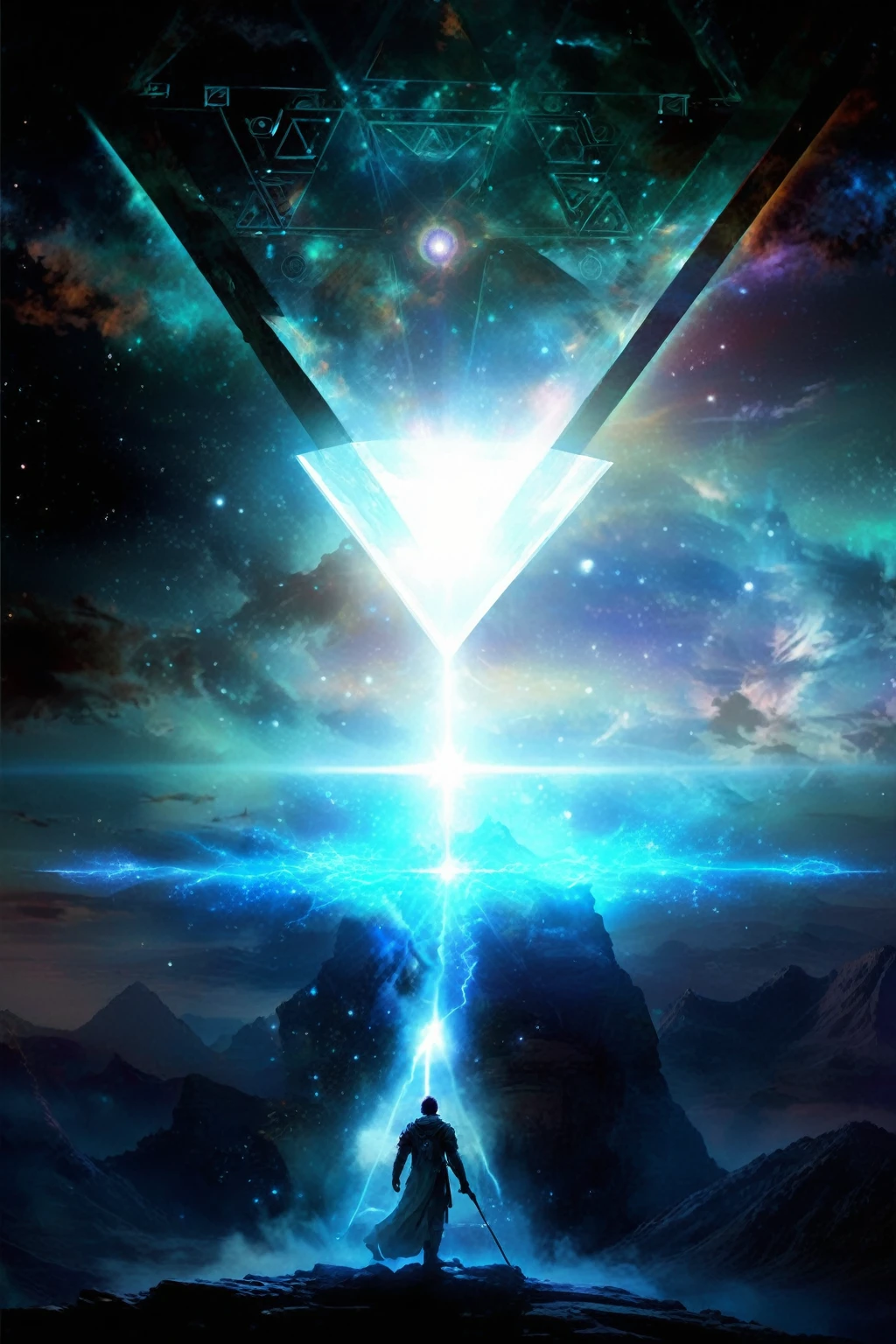 a man standing on a mountain with a star in the sky, astral travel, sci-fi digital art, cosmic enlightenment, artgem and beeple masterpiece, sci-fi digital art illustration, consciousness projection, digital visionary art, sci fi artwork, sci fi epic digital art, science fiction digital art, visionary art style, interdimensional lightning, astral projection