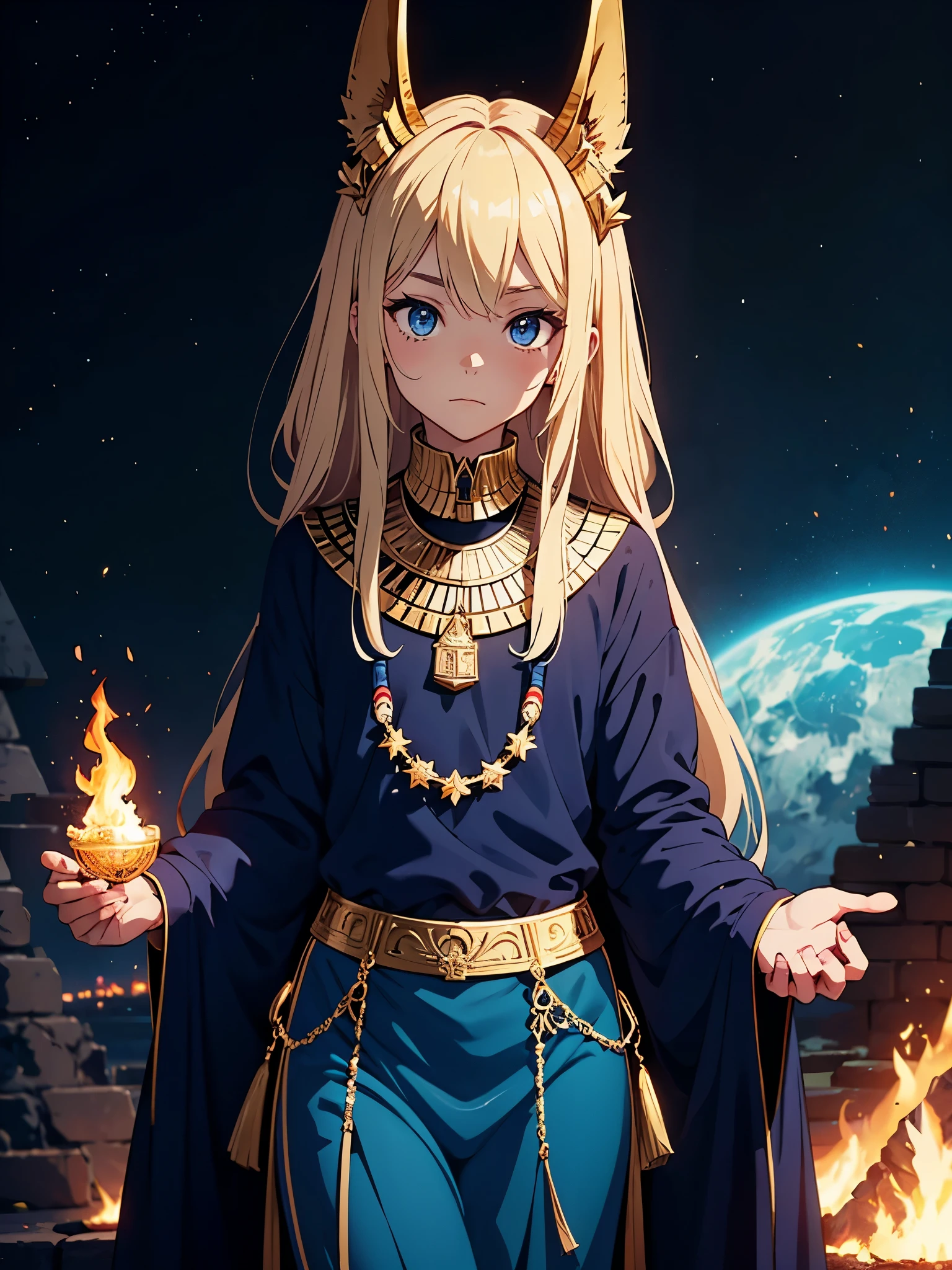 Schakalohren. Männlicher. Älter. Flammen. Feuer. More anime style. cutie pie. アニメ! Teenage boy. Egyptian deity Anubis. Egyptian blue clothing. Blue clothes.  long blond hair. Lots of gold jewelry. dark skin. Egyptian. dazzling blue eyes. mystical. divine.