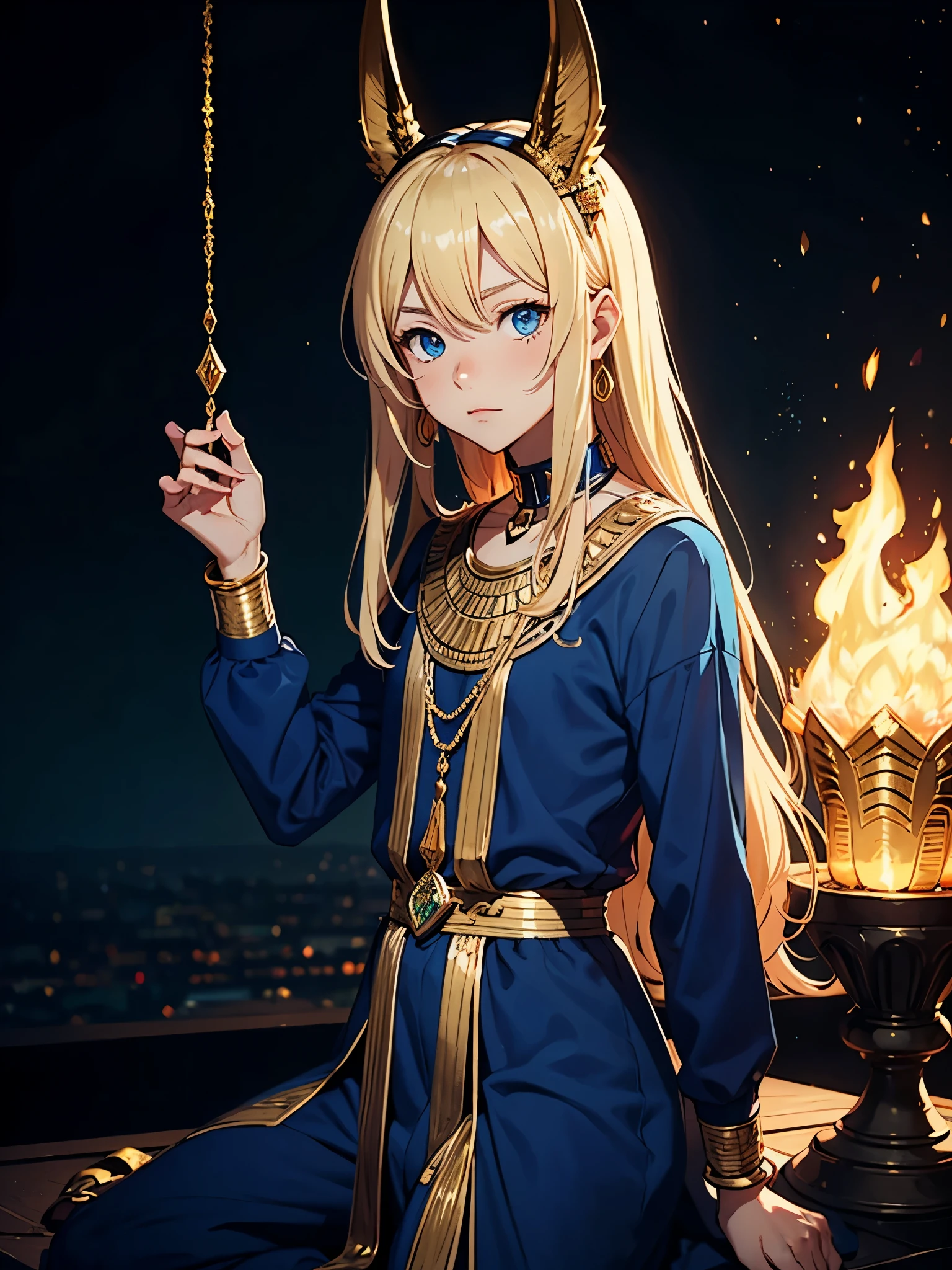Schakalohren. Männlicher. Älter. Flammen. Feuer. More anime style. cutie pie. アニメ! age boy. Egyptian deity Anubis. Egyptian blue clothing. Blue clothes. long blond hair. Lots of gold jewelry. dark skin. Egyptian. dazzling blue eyes. mystical. divine.
