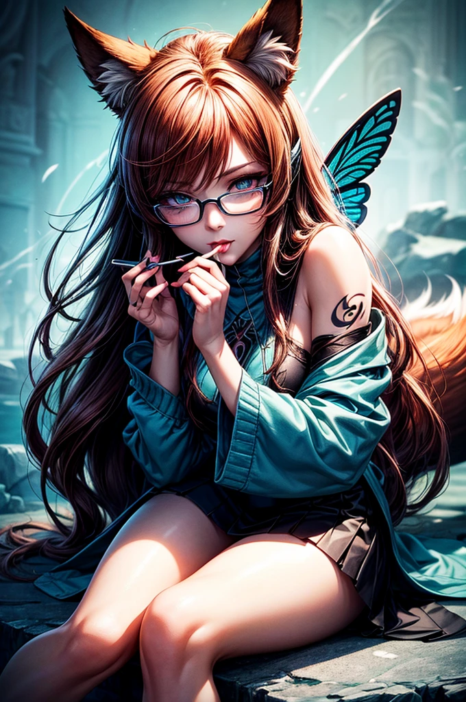 On the hood of expensive sport car in seductive pose sitting nine tailed fox women, she have red hair with black highlighther eyes are green, she have saxy make up and seductive face expression, on her fox ears lot of pierscing, she have blue batterfly tattoo on her shoulder, she dressed in topic and short skirt with long stokings and snikers, there's glasses on her face, she licking lolly pop that she hold in her hand, (ultra high quality fantasy art, dark fantasy style, masterpiece, ultra high quality character design, 8k quality anime art, realistic anime art, top quality wallpaper illustration, detailed ultra high quality accurate face, high quality design and accurate physic
