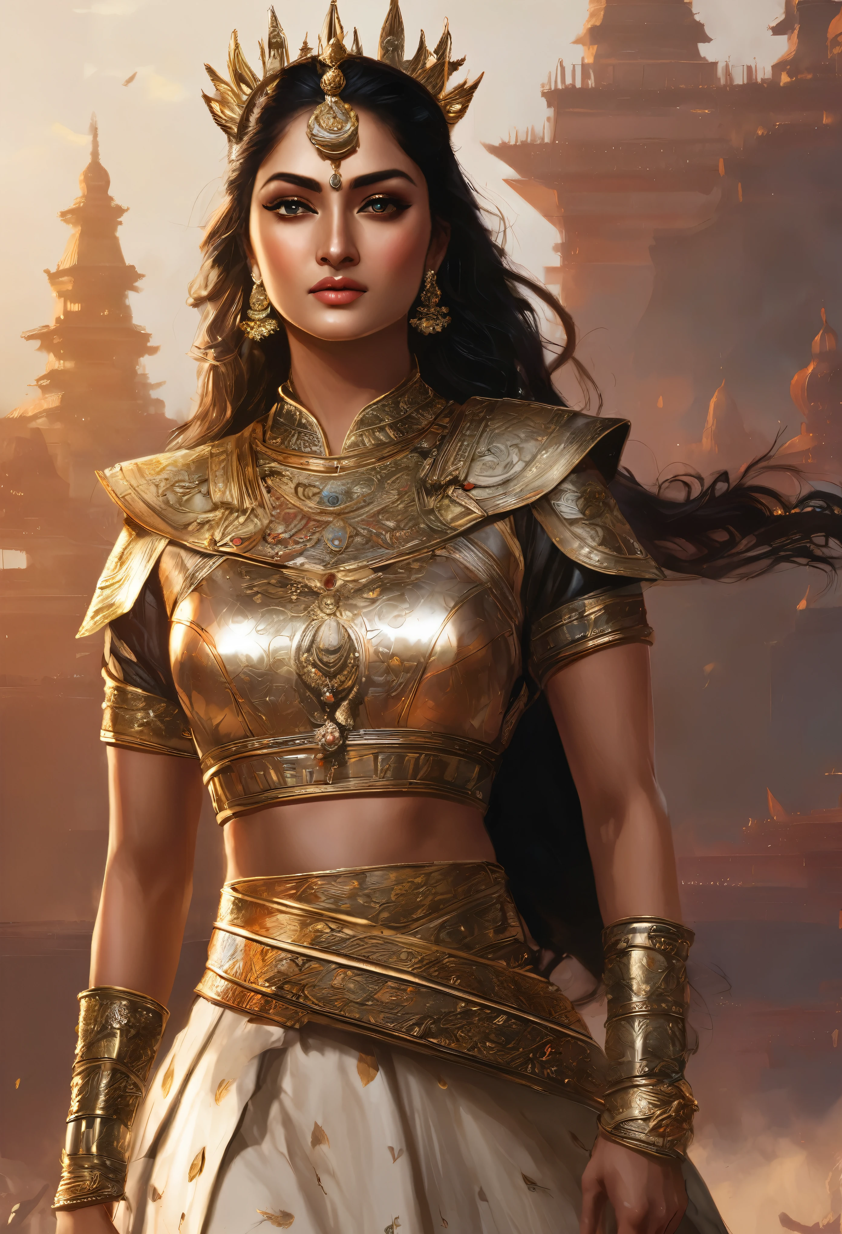 Looks like Sandeepa Dhar, "Design an illustration of a stunning and powerful warrior queen with a regal presence. She should possess a combination of strength and grace. Imagine her in ornate, yet practical armor that complements her figure. The armor should be adorned with intricate details and symbols representing her royal lineage and warrior prowess. Her weapon of choice could be a unique and elegant sword or a mythical weapon that reflects her status as a formidable leader.

Her facial features should exude confidence and determination, with piercing eyes that convey both fierceness and wisdom. The queen's hair, whether long or short, should flow dynamically, hinting at her movement in battle. Consider incorporating elements that emphasize her connection to nature or a mythical realm, such as ethereal backgrounds, symbolic animals, or mystical symbols.

Pay attention to the color palette; use rich, bold colors that enhance her royal aura. Experiment with lighting to highlight specific details and create a sense of drama. Ensure that her posture and expression capture the essence of a queen who commands respect and admiration. Feel free to draw inspiration from historical warrior queens or fictional characters, blending elements to create a unique and captivating image."