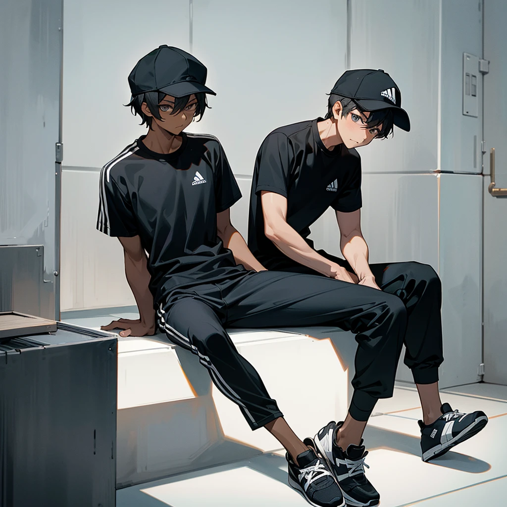 Image of a man sitting on the floor of normal build with dark skin with short hair wearing a cap and black t-shirt with the initials CF, black pants and Adidas shoes