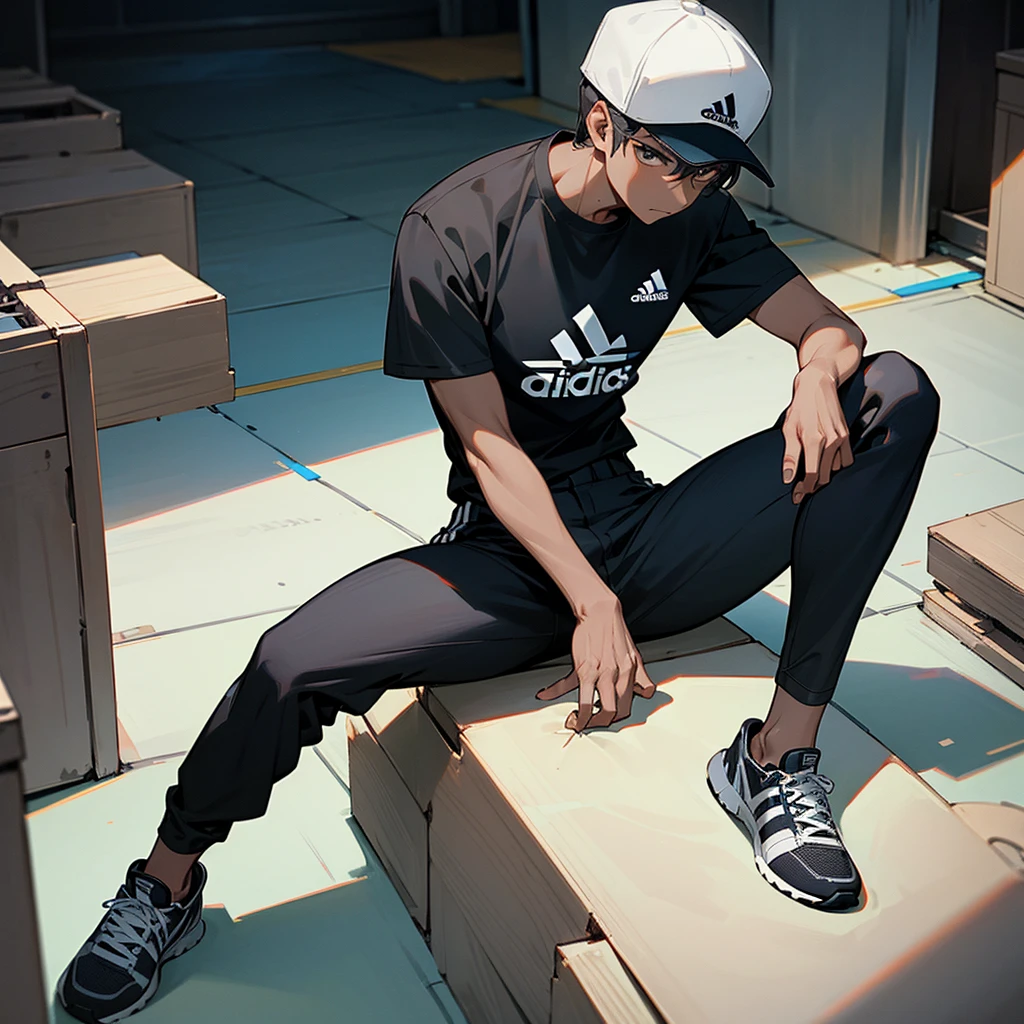 Image of a man sitting on the floor of normal build with dark skin with short hair wearing a cap and black t-shirt with the initials CF, black pants and Adidas shoes
