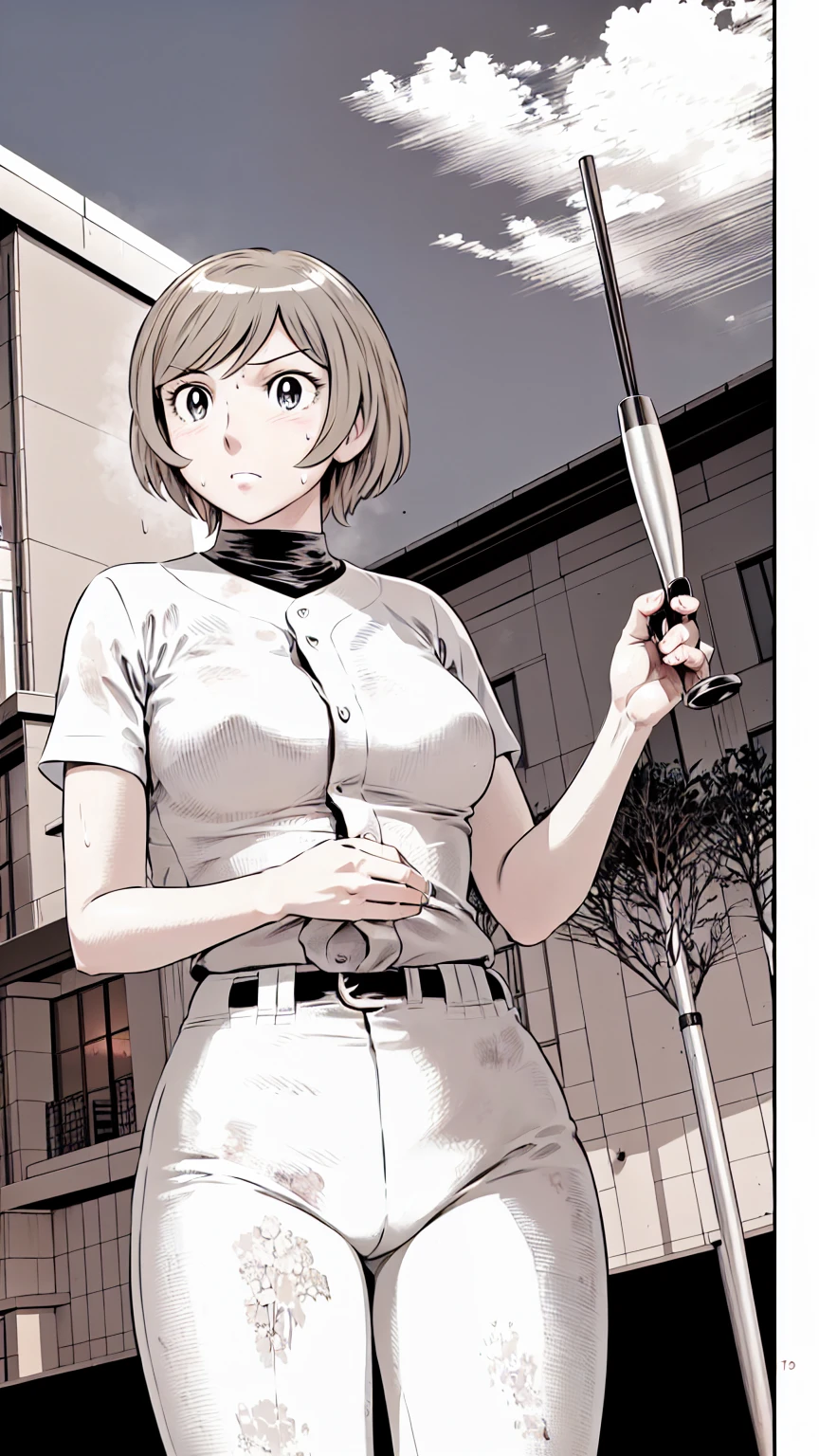(野球uniform:1.2),
blonde, (short hair:1.2),Long sleeve, Black Shirt, turtleneck,White trousers、uniform、Black belt、((Illustration of people))、big 、Muddy、Soil stains、ドロドロのuniform、
View your audience,, (Highest quality:1.3),One Girl, White pants、uniform、Outdoor、baseball ground、ground、soil、blue eyes、Tight black shirt、(masterpiece、Highest quality)、Highest quality, Ultra-high resolution, (((masterpiece))), alone, Sweat、big eyes、big Breasts、Torn clothes、 Fully exposed、Nipples、One Girl, Front view、Embarrassed face、Bronze colored hair、((short hair))、Stand up straight、Cowboy Shot