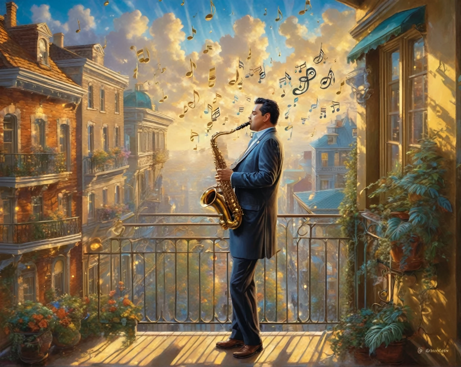painting of a one man playing a saxophone on a balcony with music notes flying around, Alexander Kucharsky, ( ( Thomas Kinkade ) ), author: by Marek Okon, extremely high quality work of art, rhads and Thomas Kinkade, saxophone, Mark Kitley, from Kerembeiit, based on Evgeny Lushpin, Michael Horse (Unreal engine