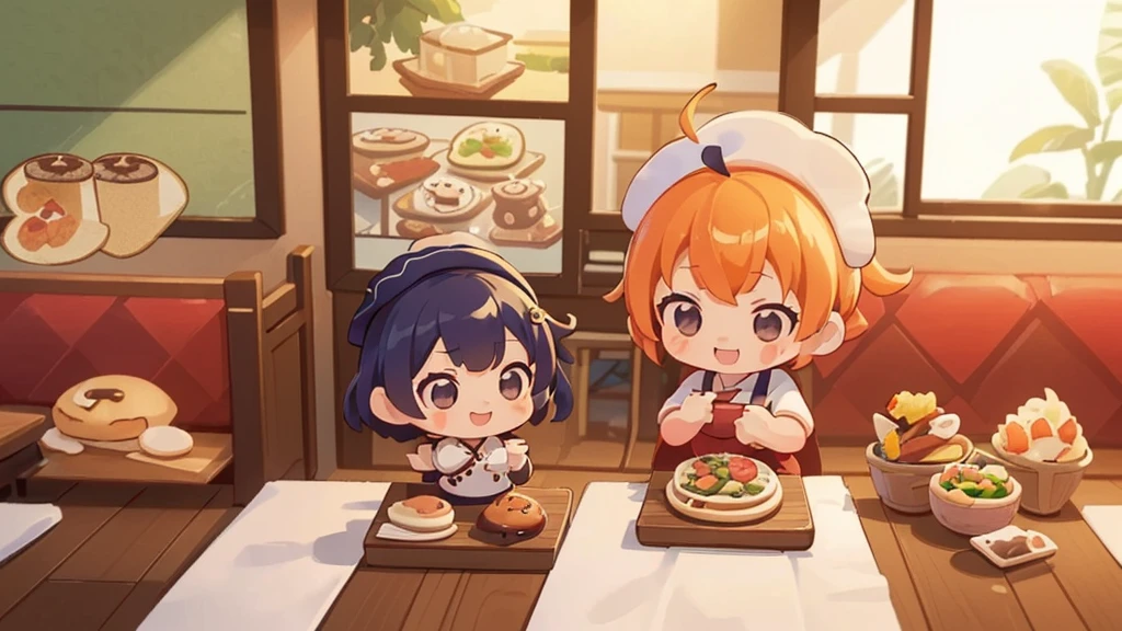 (((masutepiece))), Best Quality, Extremely detailed, (Chef Costume:1.2), (Chef's Hat), (((girl)), (((Solo))), Happy, ((Half body)), Ahoge, (((Deformed))), (((Chibi Character))), ((( Restaurant))), ((Front of restaurant)) , ((crossed arms))), (((cooking)), ((many food)), (( food on table)), (((overview))), (((Perspective)))