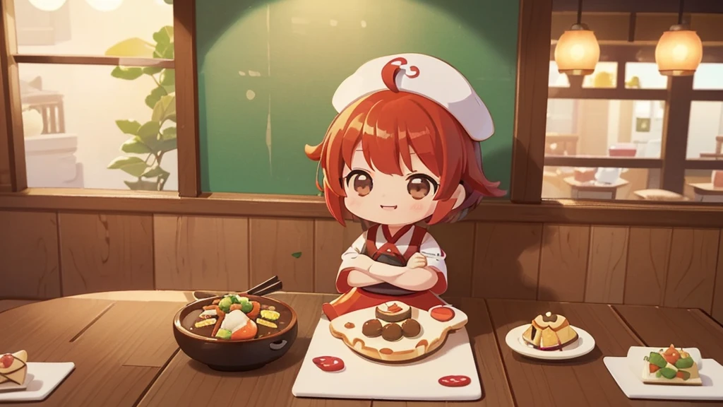 (((masutepiece))), Best Quality, Extremely detailed, (Chef Costume:1.2), (Chef's Hat), (((girl)), (((Solo))), Happy, ((Half body)), Ahoge, (((Deformed))), (((Chibi Character))), ((( Restaurant))), ((Front of restaurant)) , ((crossed arms))), (((cooking)), ((many food)), (( food on table)), (((overview))), (((Perspective)))