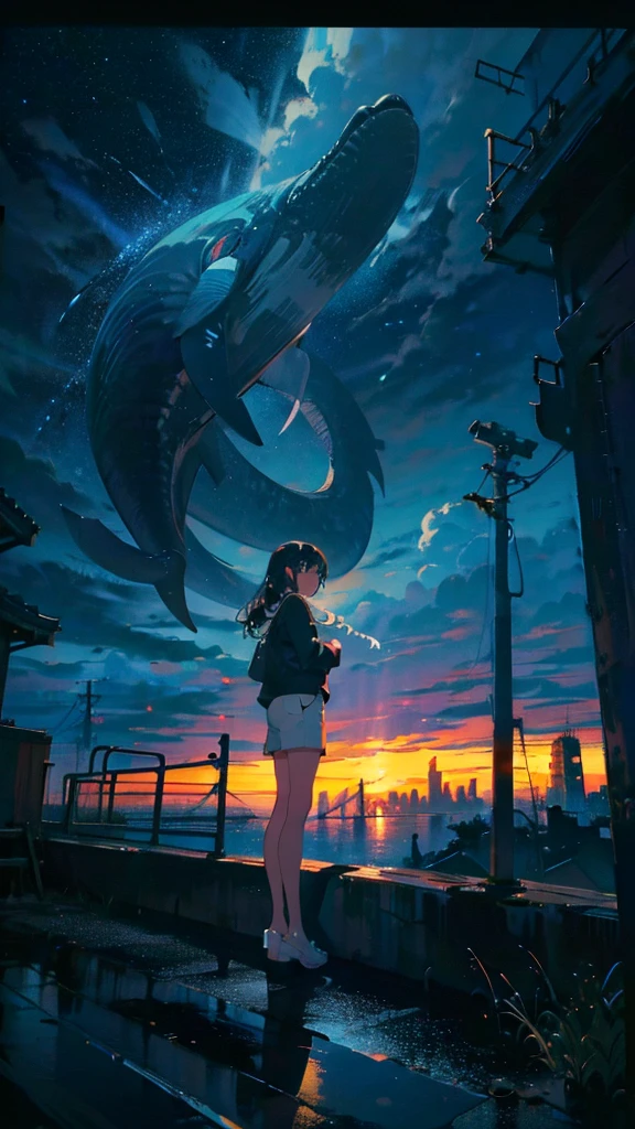 masterpiece, Exquisite detail,Highest quality, One girl, alone, handrail, cloud, Looking up at the buildings,Long Hair, NULL, Long sleeve, Power lines, White footwear, Black Hair, View your viewers, Electric pole, bangs, cloudy NULL, fish, bird, Green Eyes, Shorts, Day, Black Shirt, barefoot,Whale flying in the sky,Giant whale,night,star,milky way,night,Pitch black,Buildings,Sitting, High quality anime art style,Standing painting,Splash ink background,Blue Themes