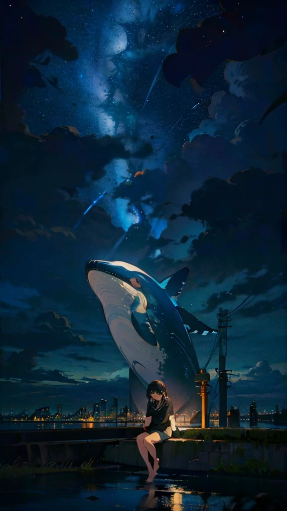 masterpiece, Exquisite detail,Highest quality, One girl, alone, handrail, cloud, Looking up at the buildings,Long Hair, NULL, Long sleeve, Power lines, White footwear, Black Hair, View your viewers, Electric pole, bangs, cloudy NULL, fish, bird, Green Eyes, Shorts, Day, Black Shirt, barefoot,Whale flying in the sky,Giant whale,night,star,milky way,night,Pitch black,Buildings,Sitting, High quality anime art style,Standing painting,Splash ink background,Blue Themes