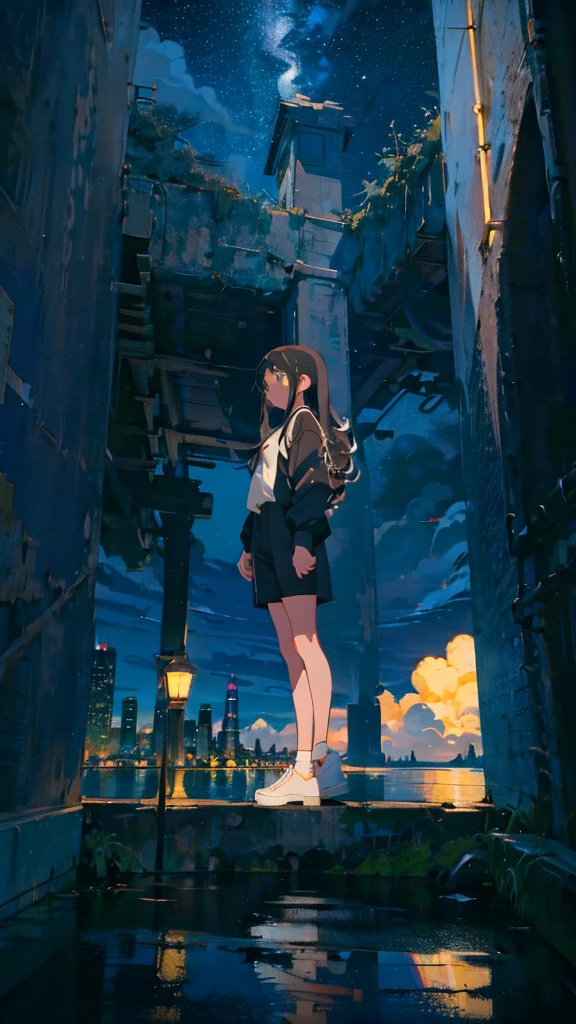masterpiece, Exquisite detail,Highest quality, One girl, alone, handrail, cloud, Looking up at the buildings,Long Hair, NULL, Long sleeve, Power lines, White footwear, Black Hair, View your viewers, Electric pole, bangs, cloudy NULL, fish, bird, Green Eyes, Shorts, Day, Black Shirt, barefoot,Whale flying in the sky,Giant whale,night,star,milky way,night,Pitch black,Buildings,Sitting, High quality anime art style,Standing painting,Splash ink background,Blue Themes