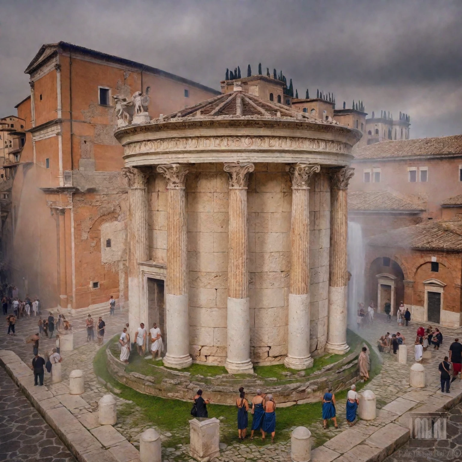 there is a small building with a fountain in the middle of it, market in ancient rome, old roman style, roman city, ancient roman style, ancient roman setting, roman festival backdrop, ancient rome, ancient marble city, ( ( ruins of ancient rome ) ), roman style, ancient greek city, roman architecture,