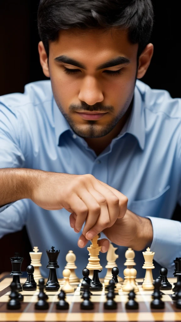 An image of a chess player strategically moving a piece, with a thoughtful and calculating look.